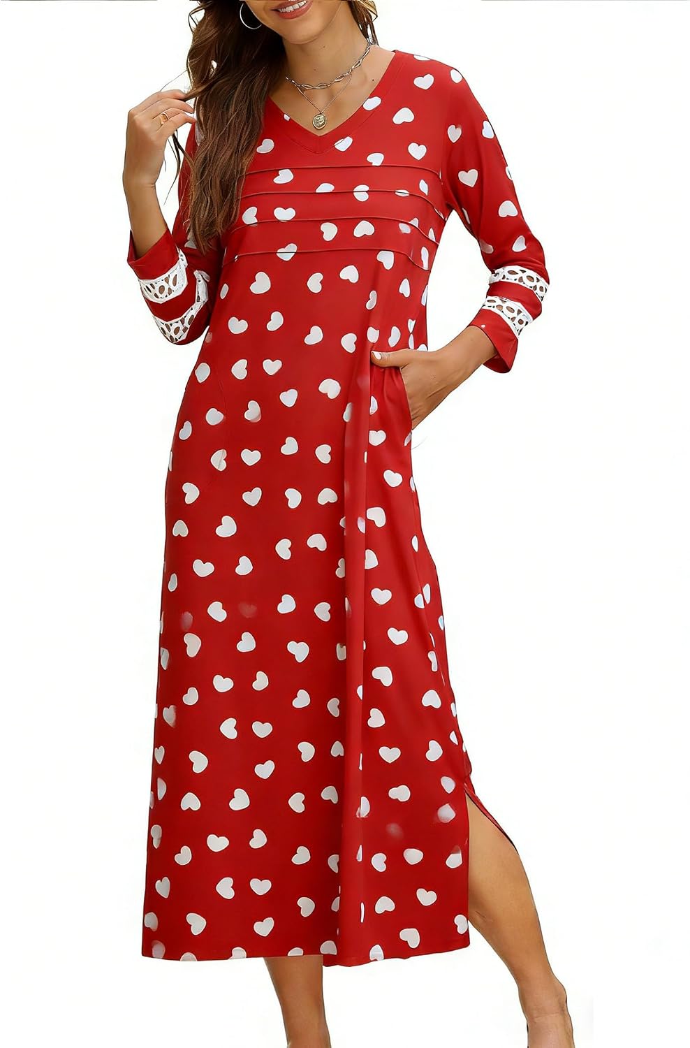 Women's Long Maxi Nightgown with Lace Sleeves, Loungewear Dress with Pockets, V-Neck Sleepshirt,S-XXL