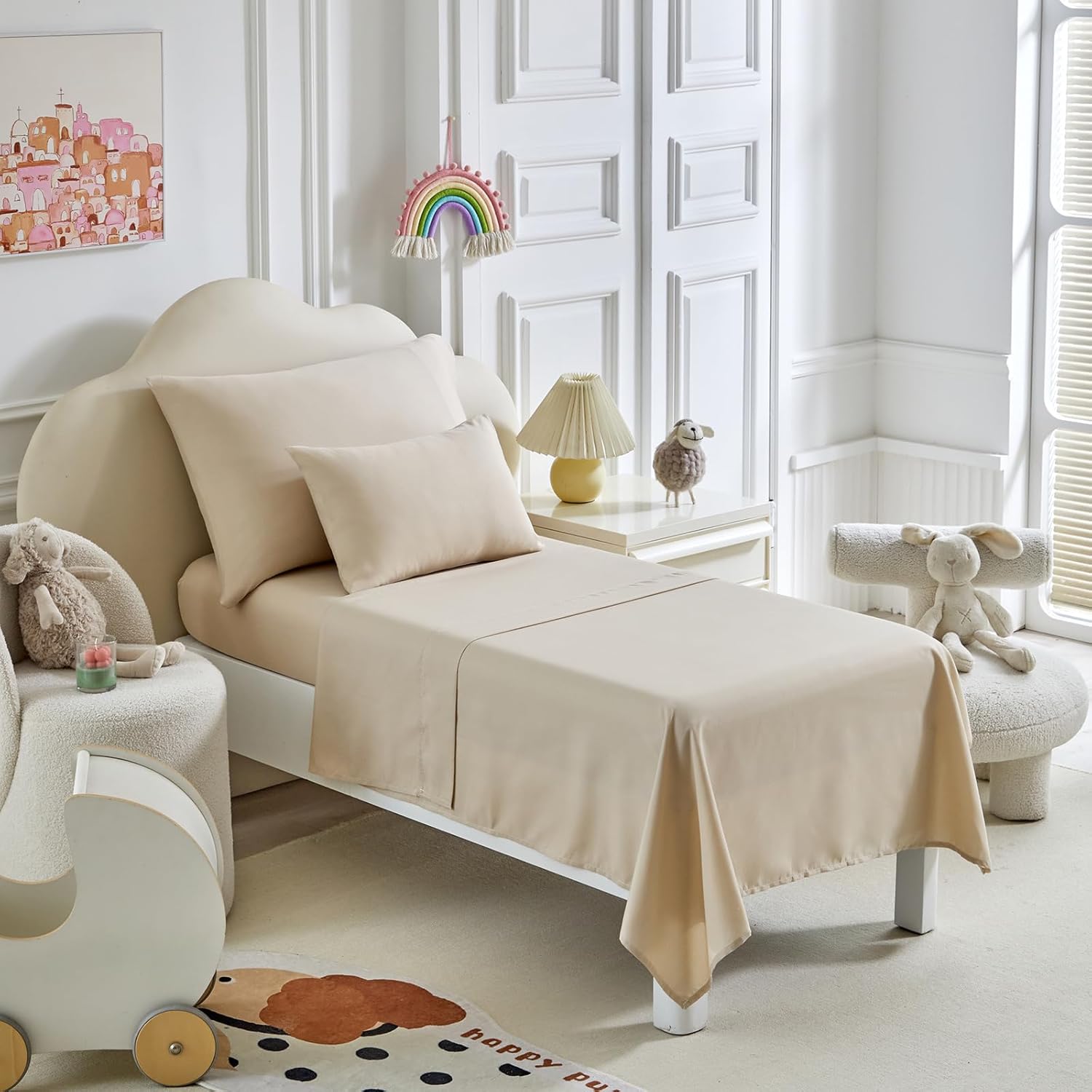 Kids Comforter Sheet Set - Soft and Breathable Bed Set Includes Quilted Comforter, Fitted Sheet, Flat Top Sheet, Pillowcase and Toddler Pillowcase for Toddler - 5 Pieces Toddler Bedding Set Beige