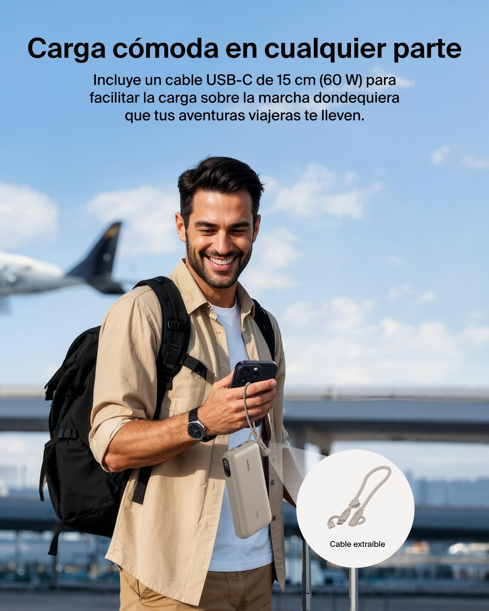 Belkin BoostCharge Batería Externa 20000 mAh con Pantalla Digital - Arena | Power Bank de 20000 mAh, 2 Puertos USB-C y 1 USB-A, 20 W, Apta como Equipaje de Mano, Precargada y Cable USB-C Extraíble