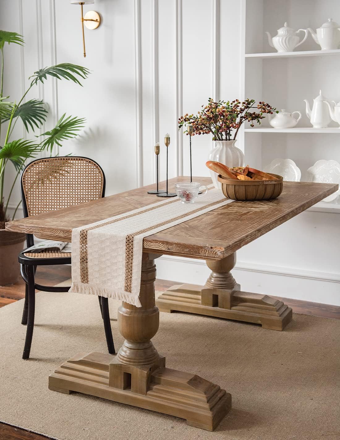 vctops Boho Moroccan Table Runner Farmhouse Rustic Handmade Woven Tassels Cotton Linen Bohemian Vintage Table Decor for Holiday Party(Gray,12"×138")