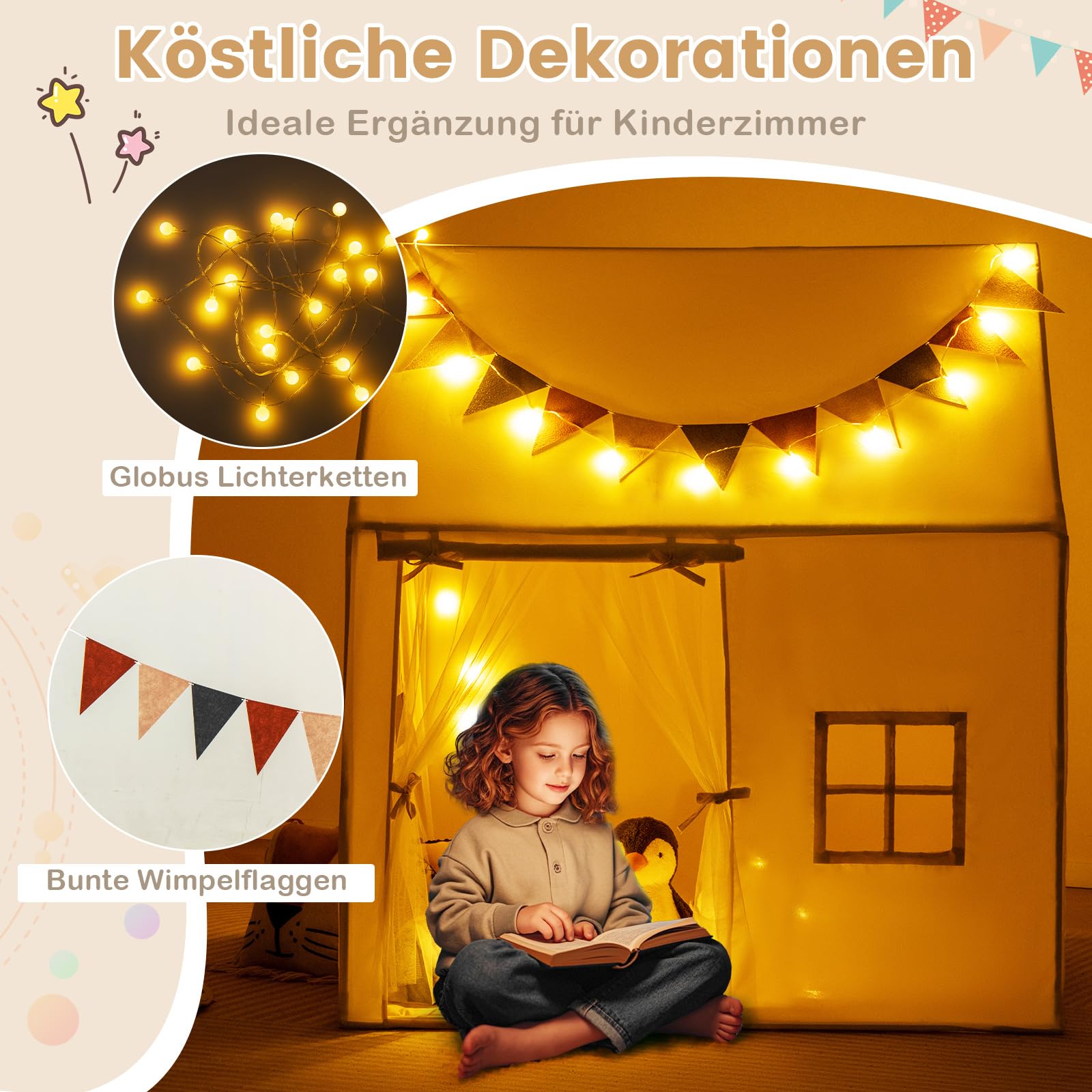 COSTWAY Kinderzelt für Drinnen, Spielhaus Kinder Indoor mit rutschfeste Matte & Lichterketten & Flaggen, Spielzelt Kinderzimmer Zelt für Kinder ab 3 Jahren