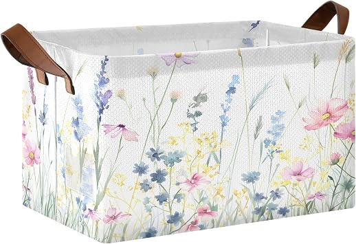 Storage Cubes Foldable Storage Bin Baskets with Double Handles Wildflowers Pampas Pastel Colors White Shelves Closet Organizers for Clothes Toys,M