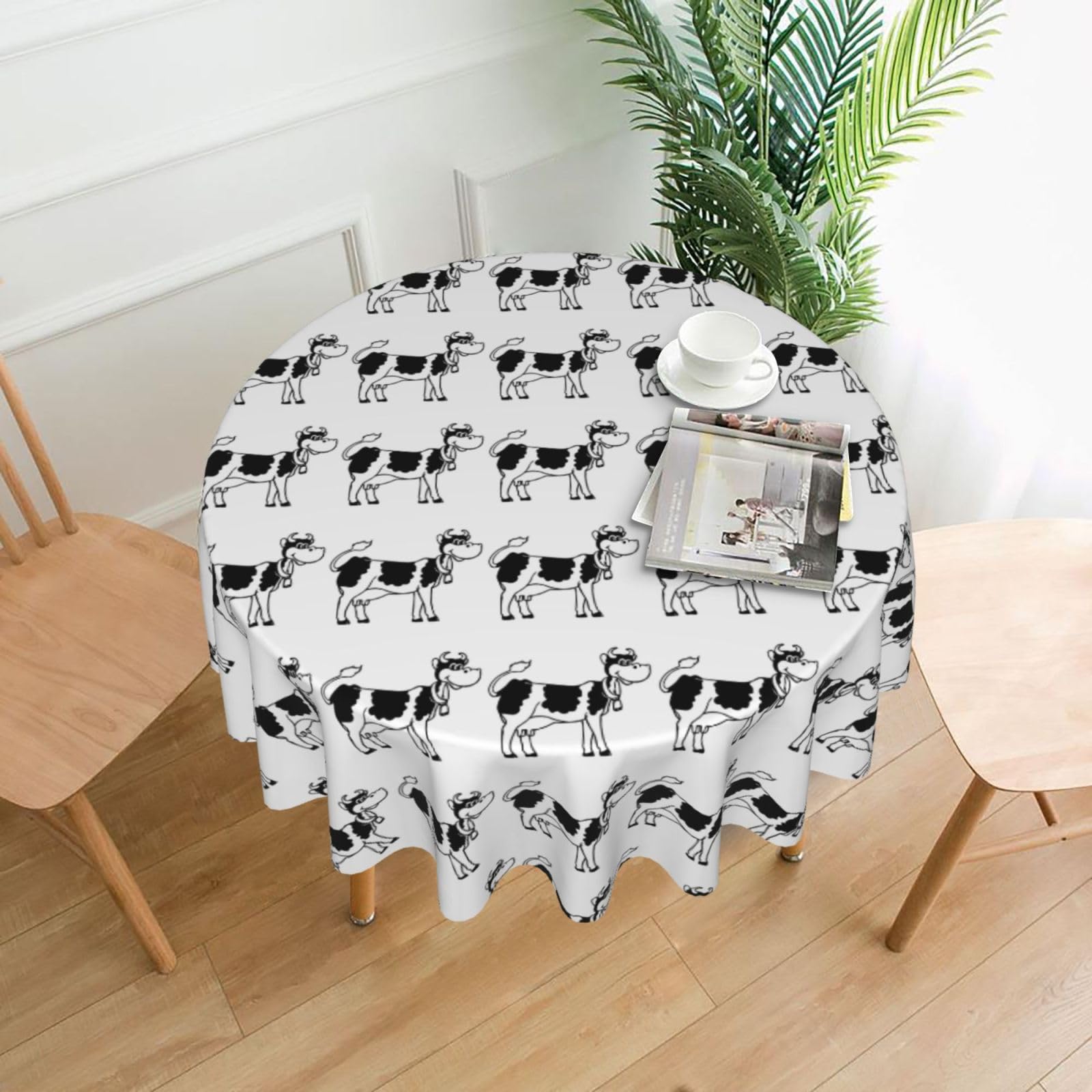 OXbnmm white and black cow Print Soft Round Tablecloth 60in Polyester Washable Cover Cozy Gift for Mom Housewarming