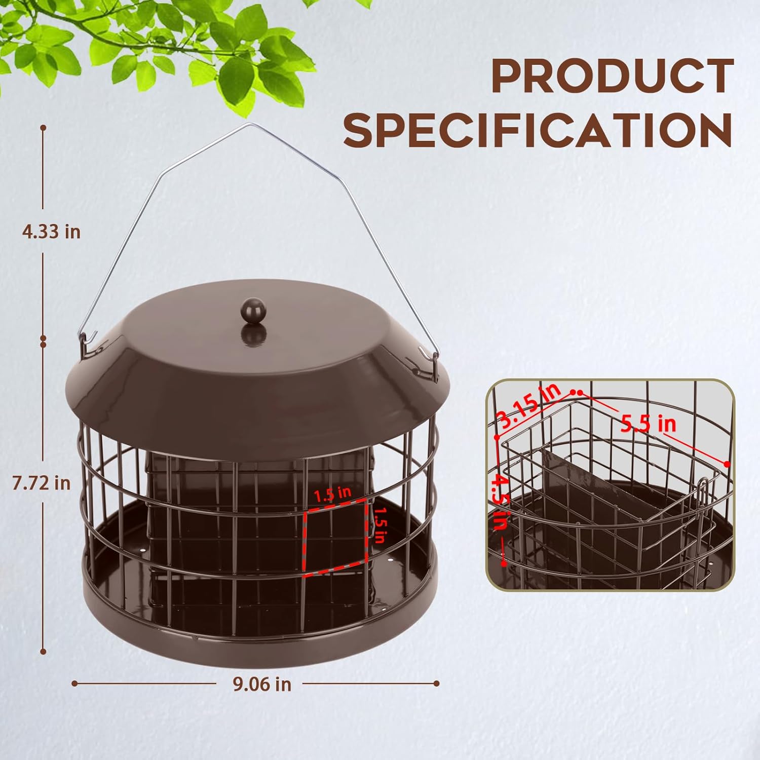 Caged Suet Bird Feeder for Outdoors Hanging, Squirrel Proof Double Suet Feeder for Small Birds, Metal Cage with Detachable Hook, Large Space, Outdoors Weatherproof, Brown
