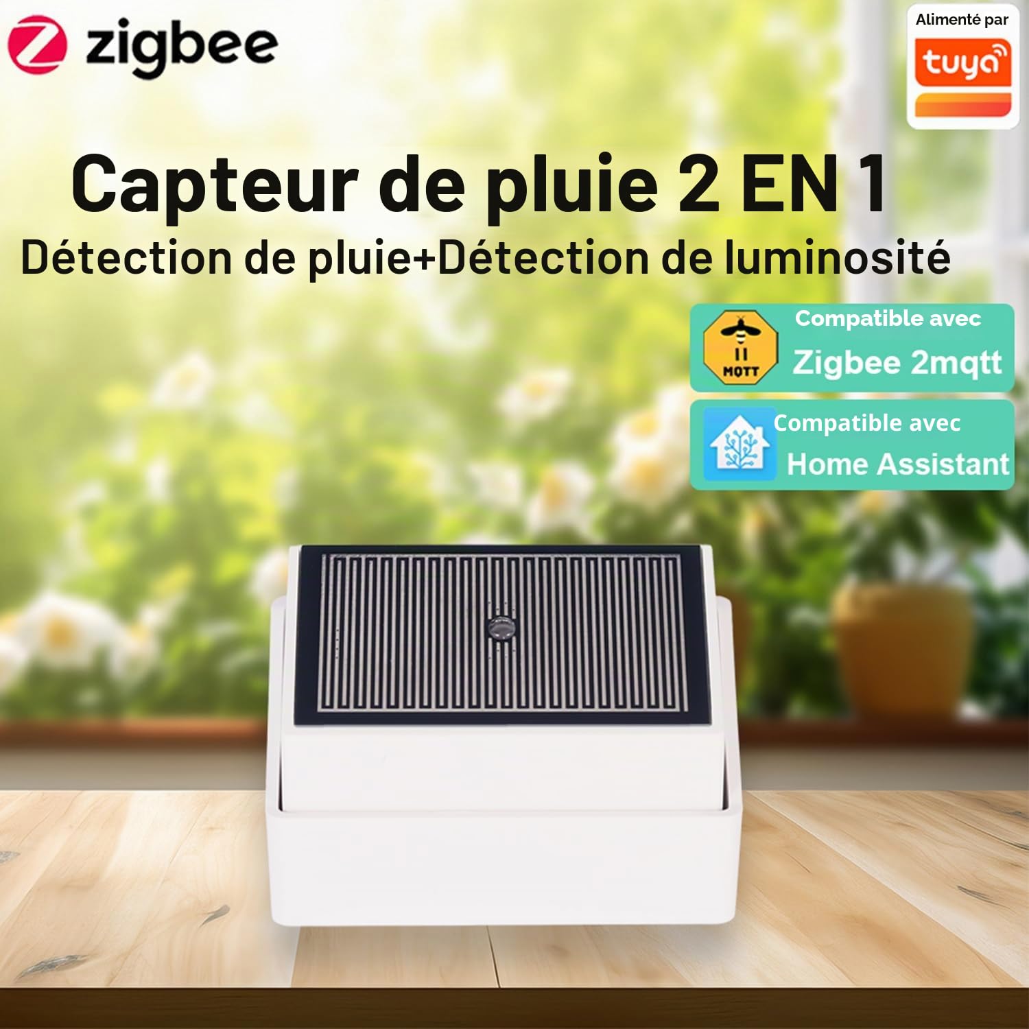 Capteur de Pluie Haozee Tuya Zigbee avec capteur de lumière, nécessite TUYA HUB, Prend en Charge Zigbee2mqtt Home Assistant, IPX4 étanche pour Une Utilisation en extérieur