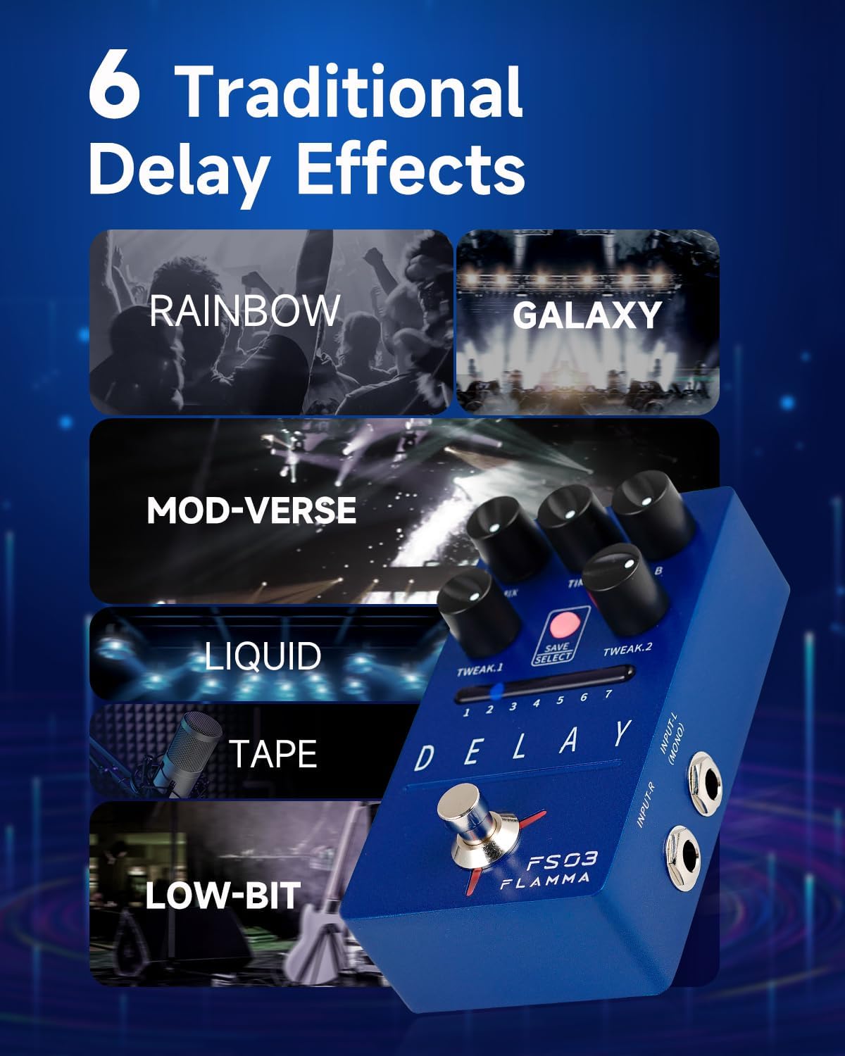 Visual representation of the six traditional delay effects available on the FLAMMA FS03 pedal