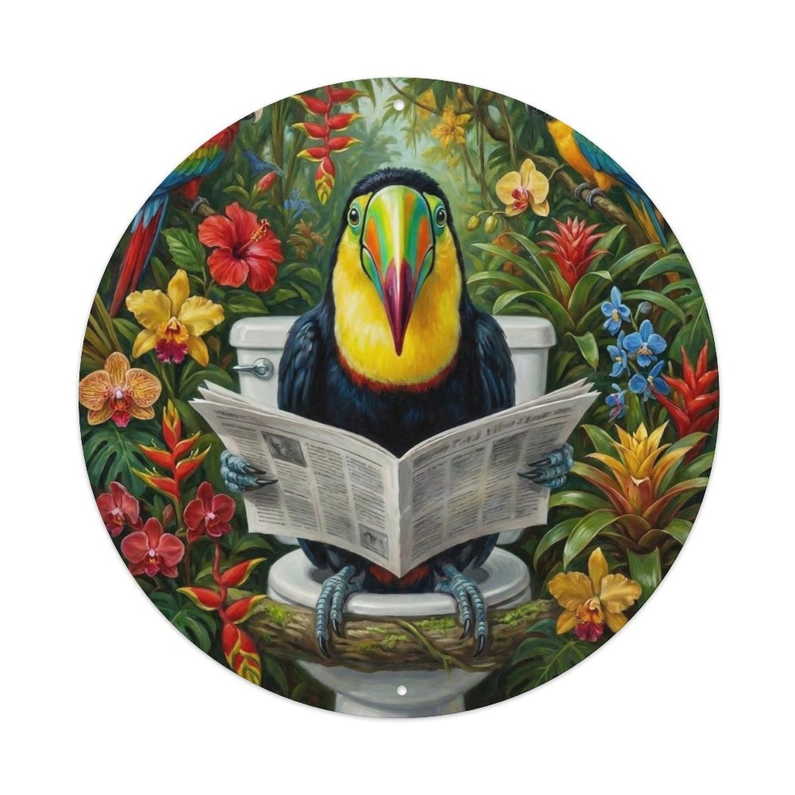 Toucan On Toilet Humorous Bathroom Jungle Flower Perch Metal Tin Sign