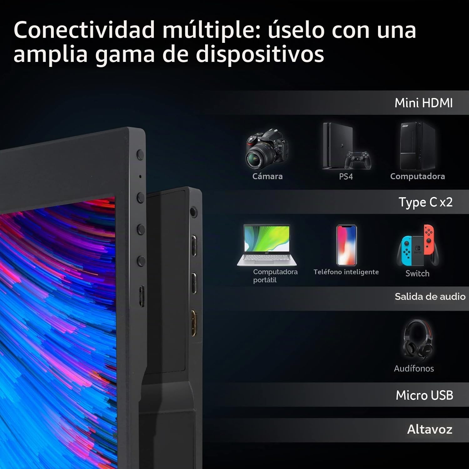acer PM1 Monitor portátil FHD de 15.6 Pulgadas | Panel IPS | Diseño Ultrafino y Ultraligero | Mini HDMI x 1 y USB Tipo C x 2 entradas