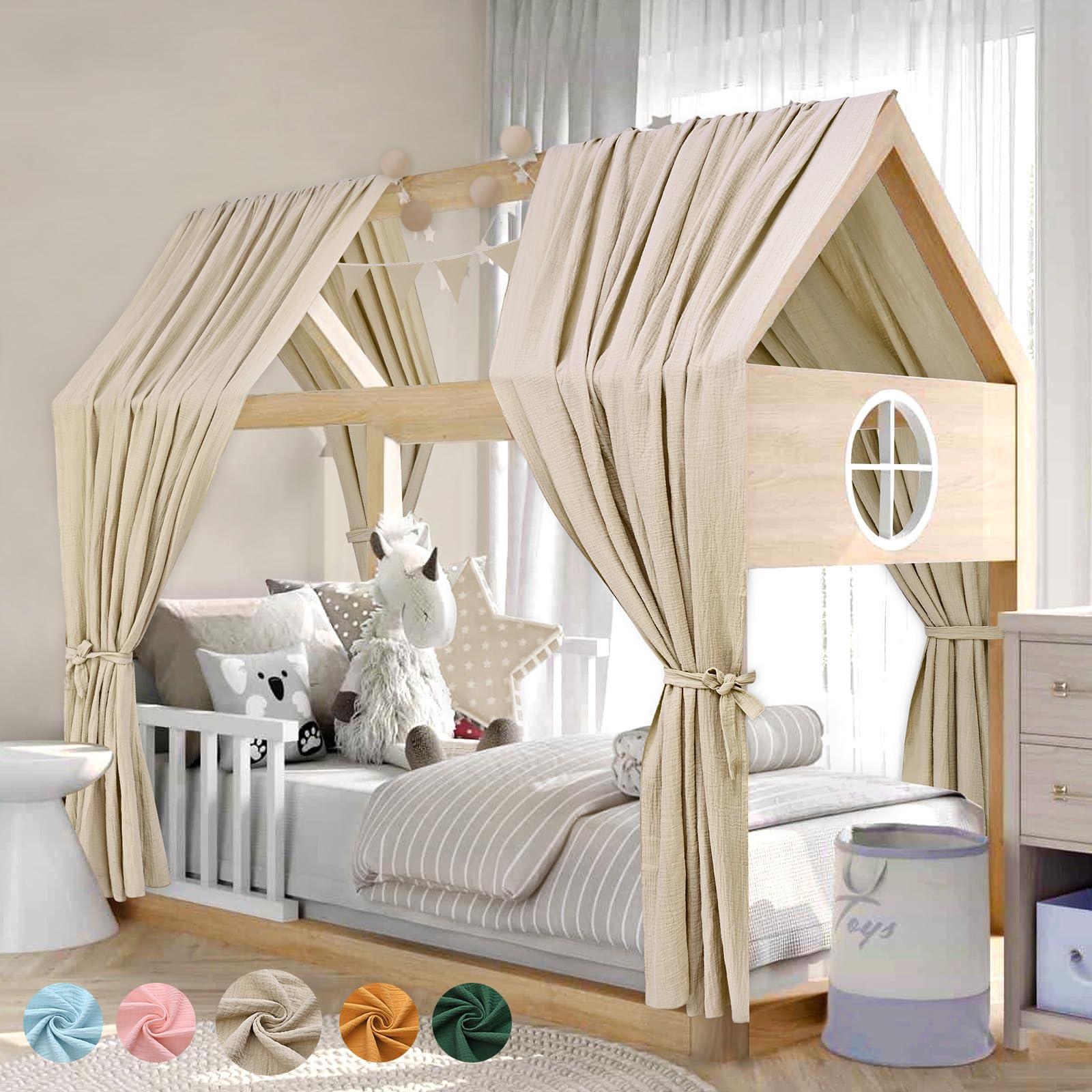 Alishomtll Hausbett Himmel Deko Set, 2 Betthimmel Hausbett aus 100% Baumwolle Musselin, 1 Wimpelkette 300cm, Kinderbett Baldachin Stoffhimmel für Mädchen Jungen Kinderzimmer, 67x270cm Khaki