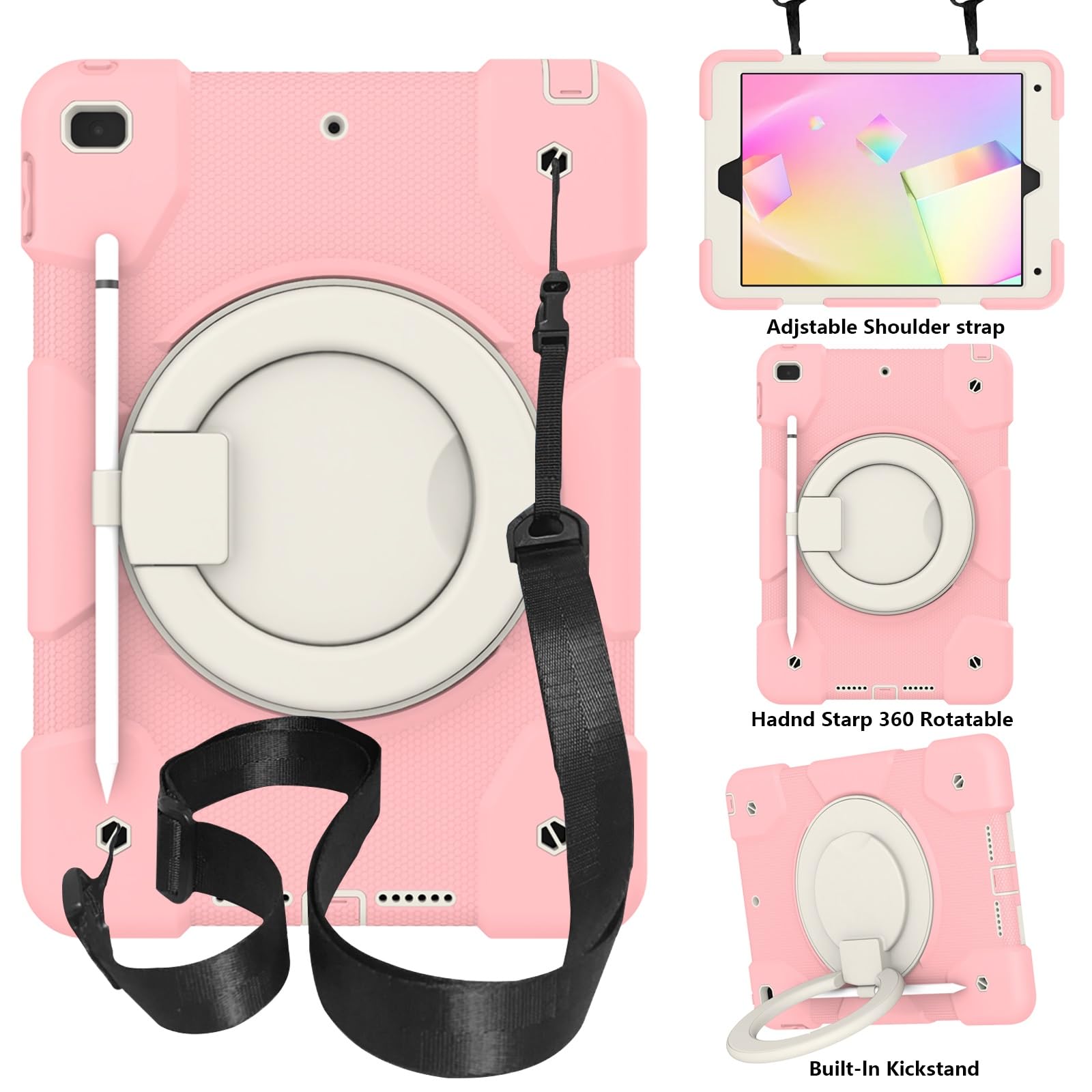 Etui dziecięce kompatybilne z iPadem 9./8./7. generacji 10,2 cala (etui na iPada 9/8/7 generacji), iPad7/iPad8/iPad9 obrotowym uchwytem, ​​stojakiem i paskiem, miękkie silikonowe etui tablety(Pembe)