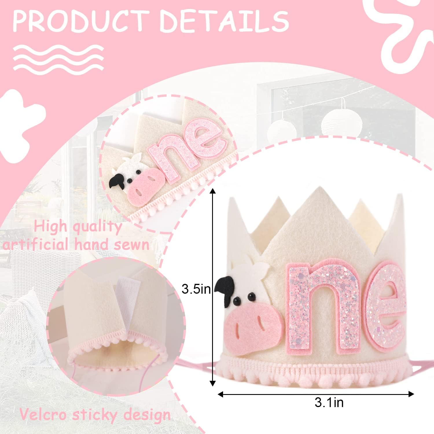 Cowgirl 1st Birthday Crown for Girls - Farm Party Decorations, Western Hat, Holy Cow I Am One Decor, Pink image 2