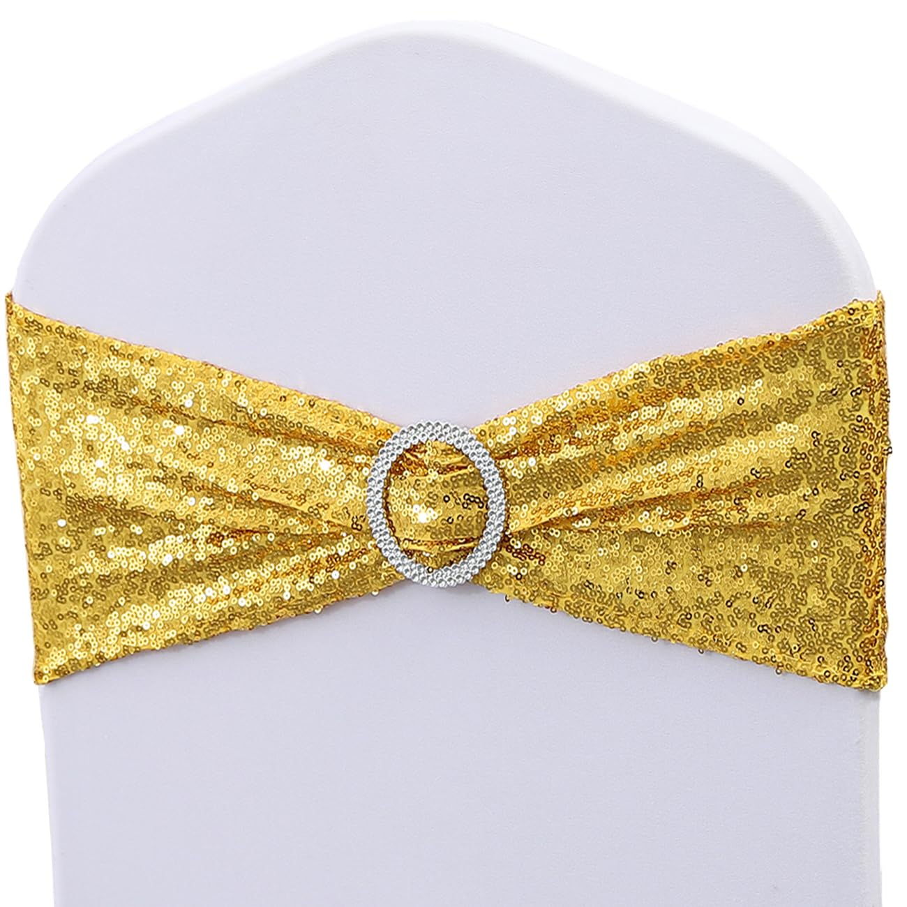 JKDMJF Pack of 50 All Around Gold Sequin Chair Sashes for Wedding Celebration Decor Sequins Chair Bands with Silver Buckles for Party Baby Shower Fiestas Decorations, Glitter Gold Chair Sash