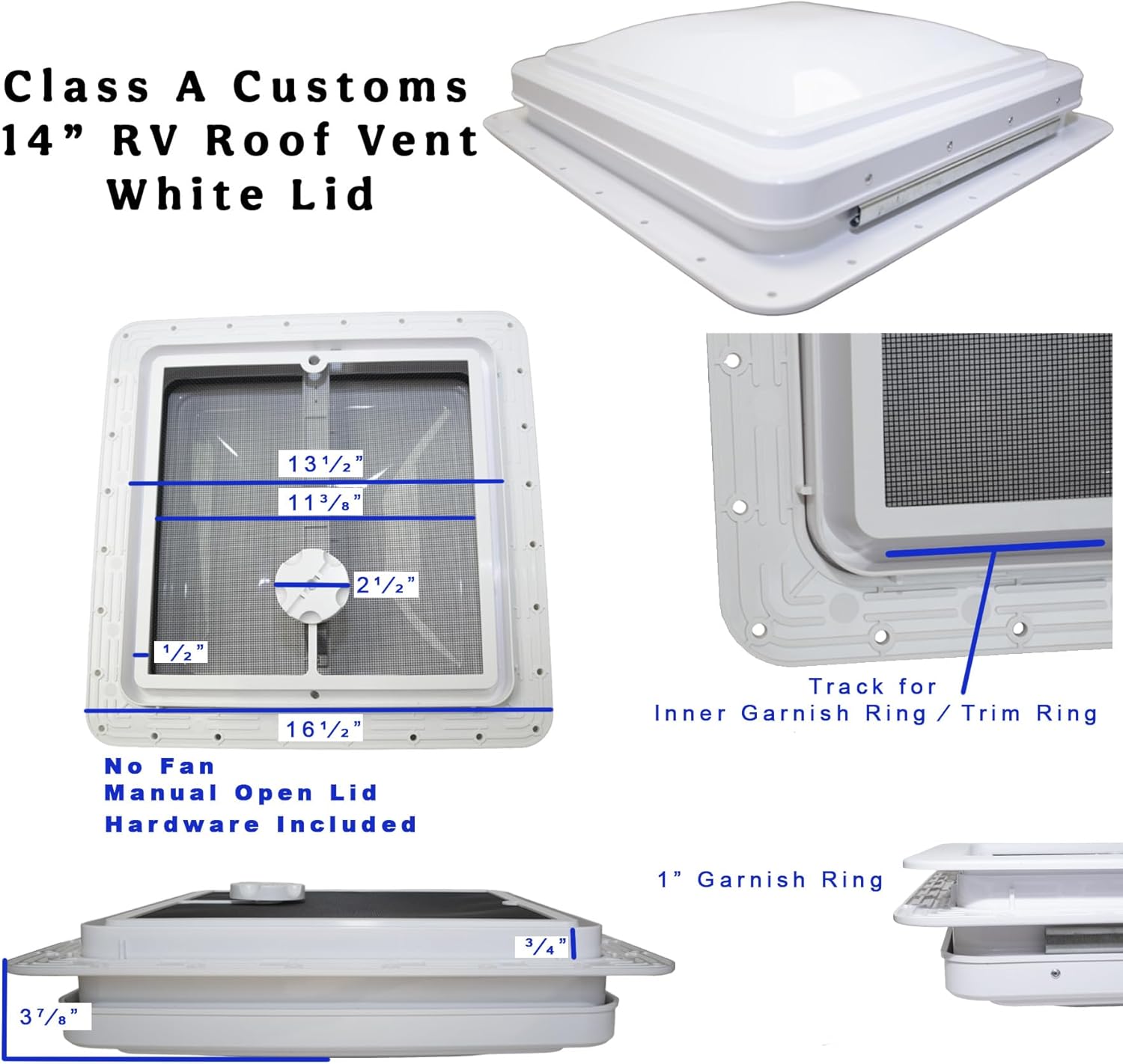 classAcustoms 81111-1GPS | 14" RV Roof Vent | 1" Garnish Ring | Non Powered | White Lid | Manual Crank | for RV's | Cargo Trailer | Camper and Motorhome (1" Garnish, Butyl Tape/Screws)