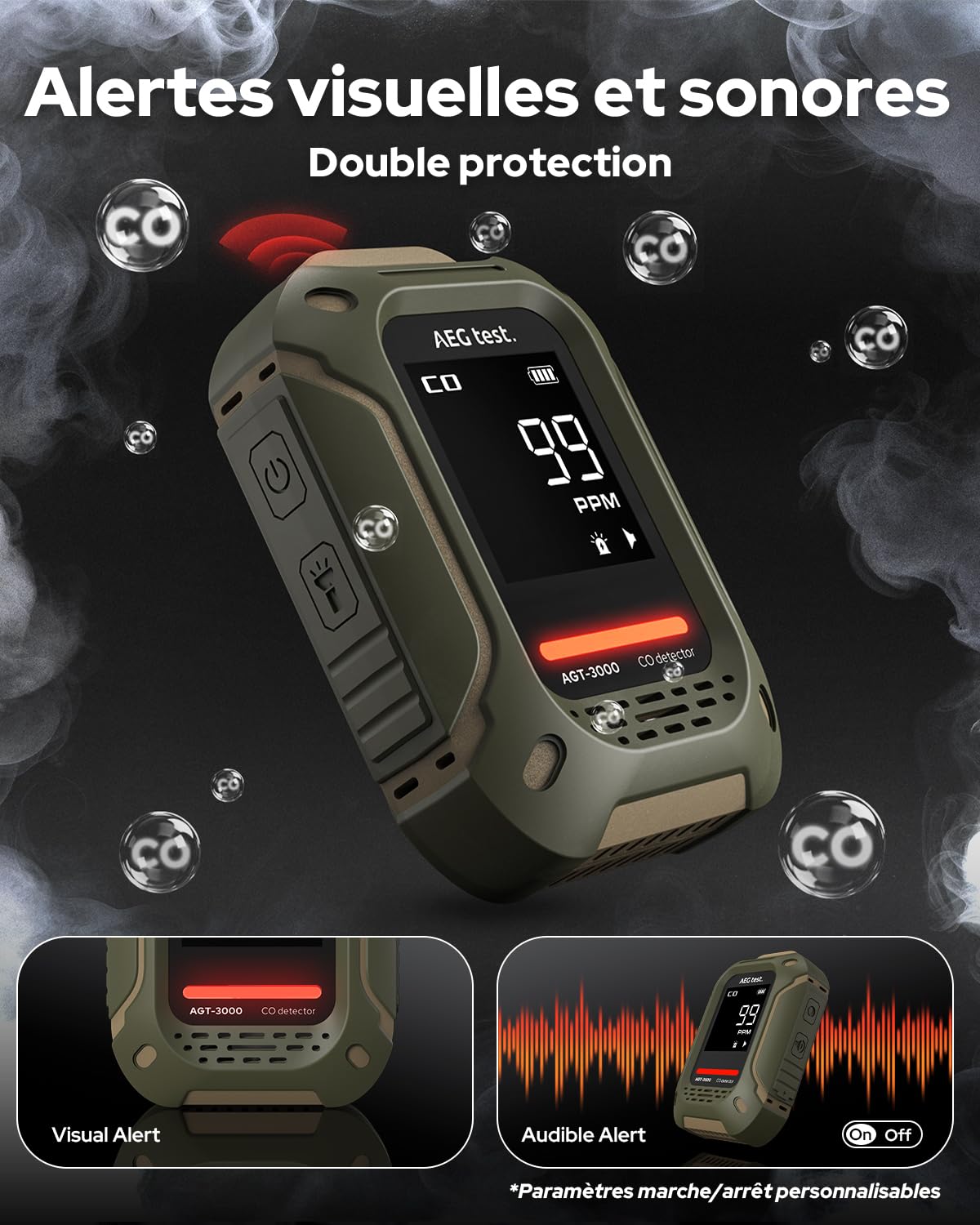 AGT-3000 Détecteur de monoxyde de Carbone Portable, Veille 240 h, capteur CO amélioré pour Voyage, détecteur CO Rechargeable avec alertes sonores et visuelles pour Camping, 0–1000 ppm