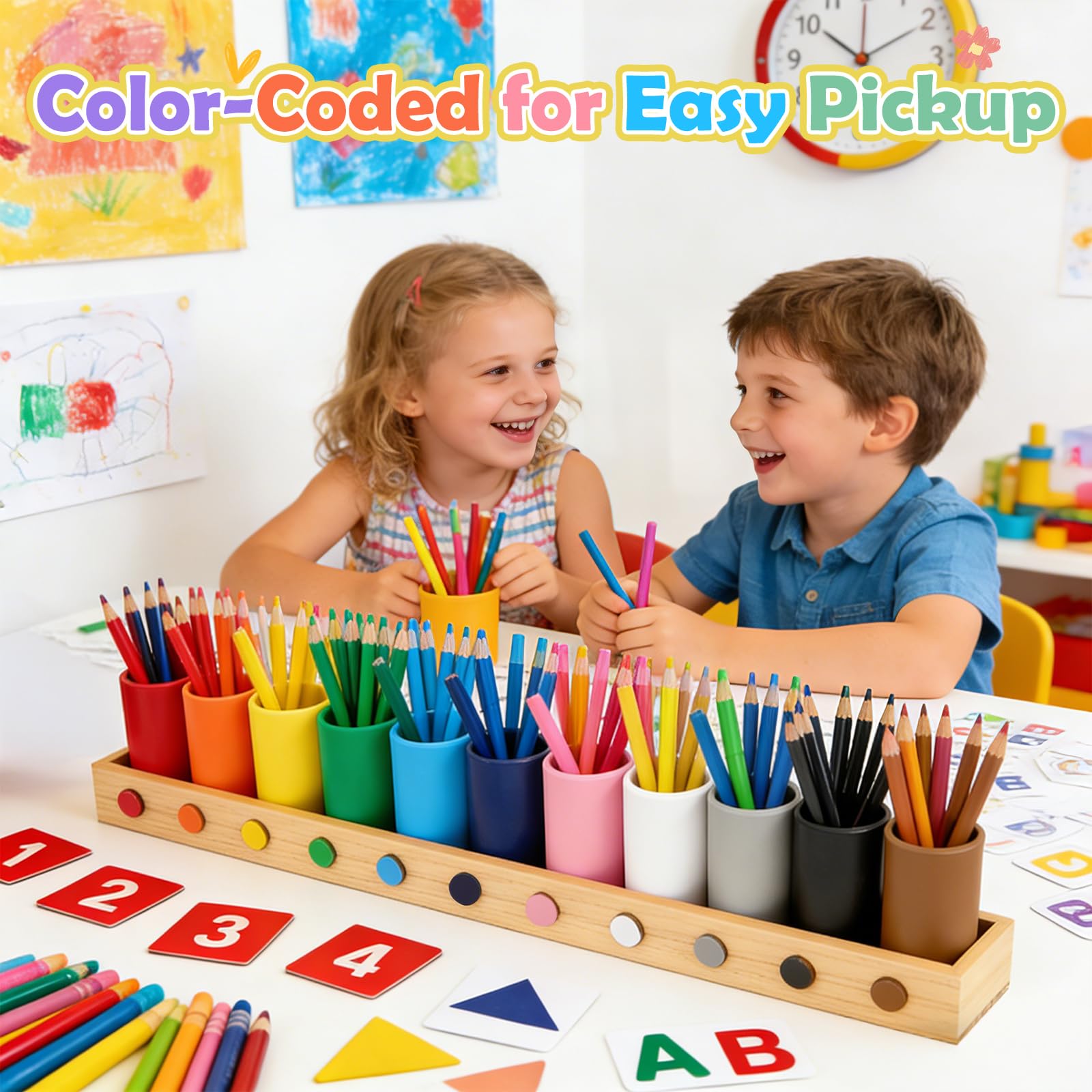 Portapenne e organizer da scrivania in legno massiccio, 11 scomparti, 46 x 5,8 x 8 cm, in legno con finestrelle, portapenne per scuola, home office e cameretta dei bambini