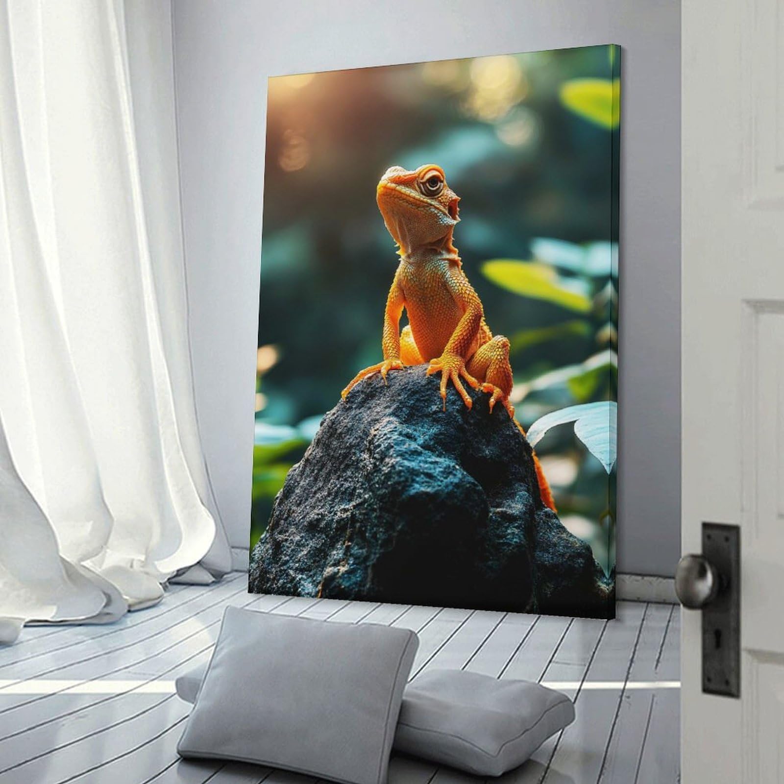Junmoney Frame-Style-3 Orange Lizard On Rock Wall Picture Print, 24X36inch(60X90cm), For Workspace Walls, Study Corners Or Bedrooms, Wall Art That Adds Style To Work Areas
