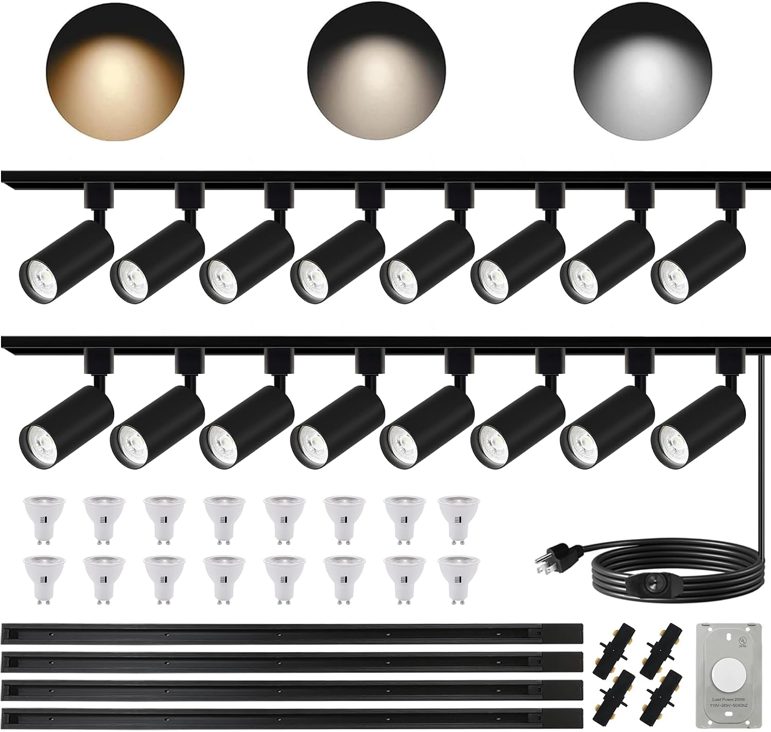 Dimmable 16-Pack GU10 Track Lighting Kit with a Dedicated Dimmer, All-in-One Plug in 3CCT Ceiling Spotlights with 19.6FT Track Rails, Accent Lighting for Home, Store, Moblie Cart and Office