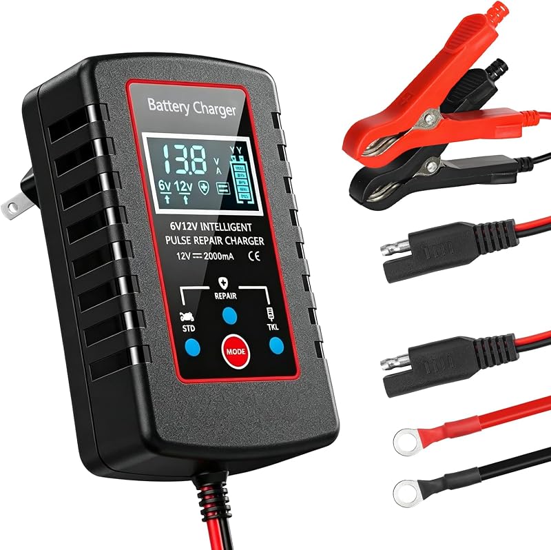 Car Battery Charger, 6V 12V Smart Automatic Trickle Charger Maintainer with ASE Adapter Cable, Universal Battery Repair & Desulfator for Car Motorcycle Truck Marine