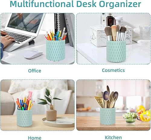 Miniatura 7 de Soporte para bolígrafo azul para escritorio, organizador de escritorio giratorio de 360 grados con 5 compartimentos, soporte para brochas de