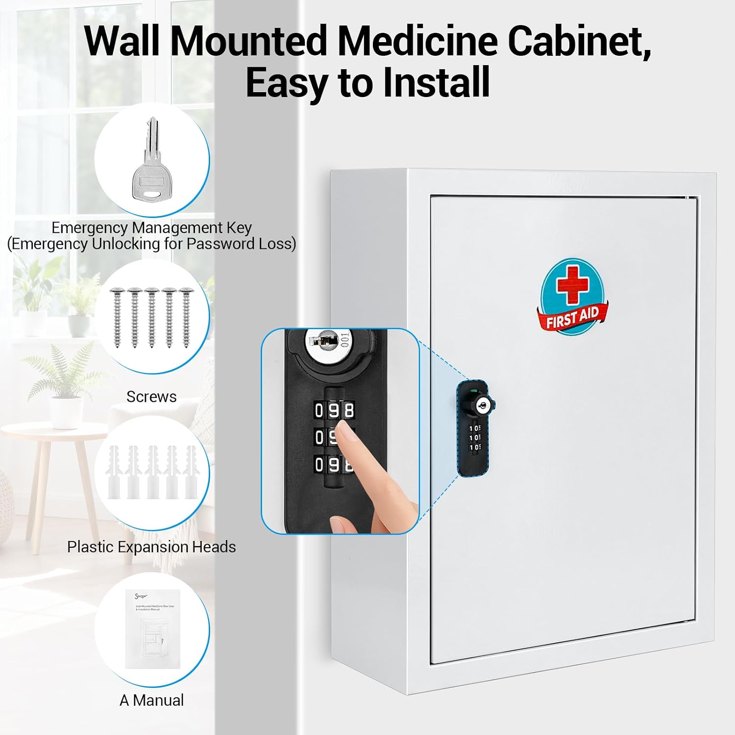 Wall Mounted Metal Medicine Cabinet with Key Lock, First Aid Medication Storage Box, White