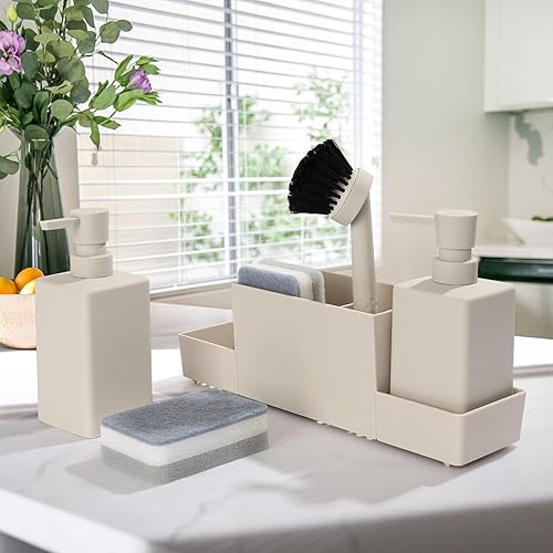 Miniatura 4 de Dispensador de jabón de cocina con soporte de esponja para fregadero, dispensador de jabón de manos y jabón para platos con cepillo beige mate