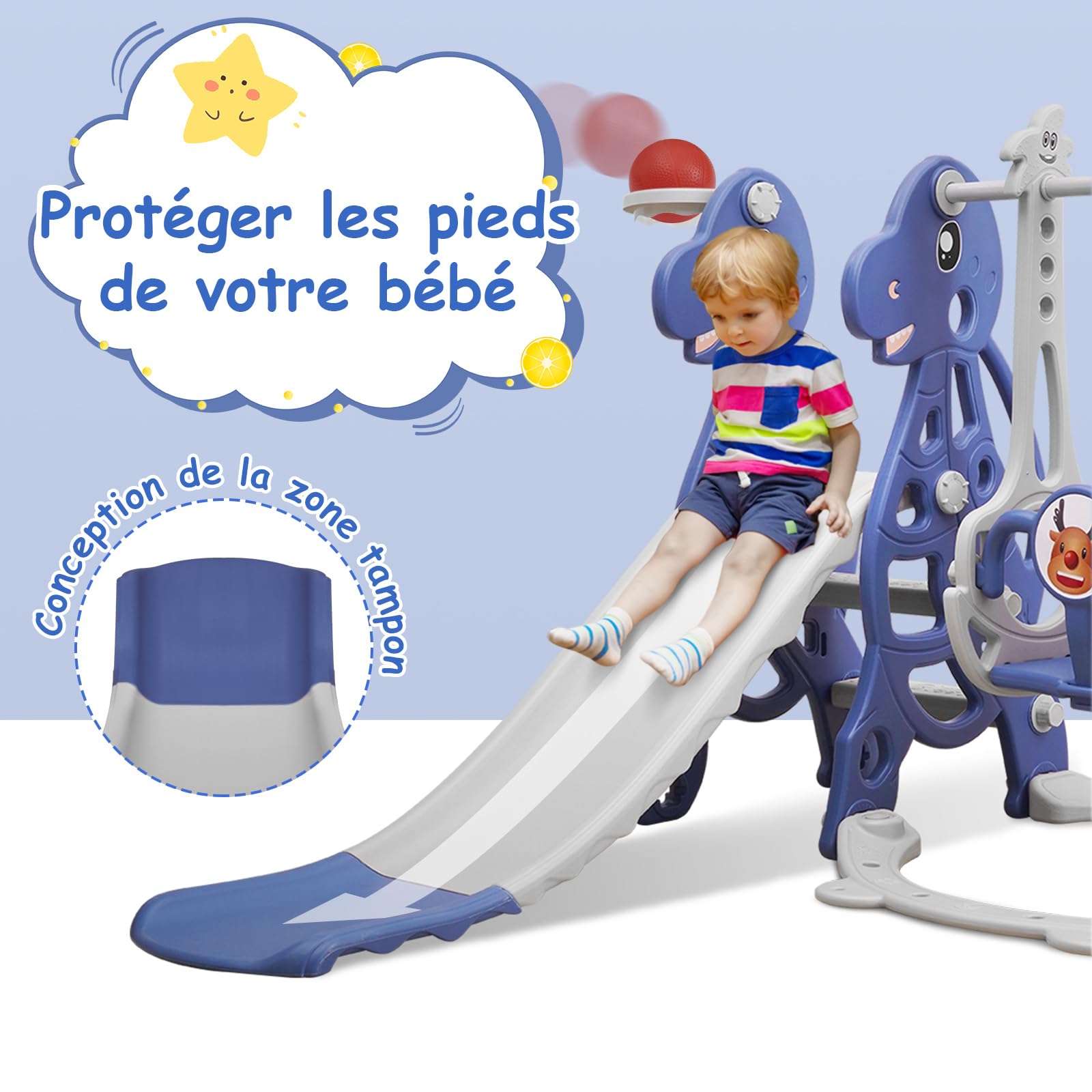 Toboggan Enfant 4 En 1 Avec Balançoire, Panier Basket Et Échelle - Jeu D'Extérieur/Intérieur