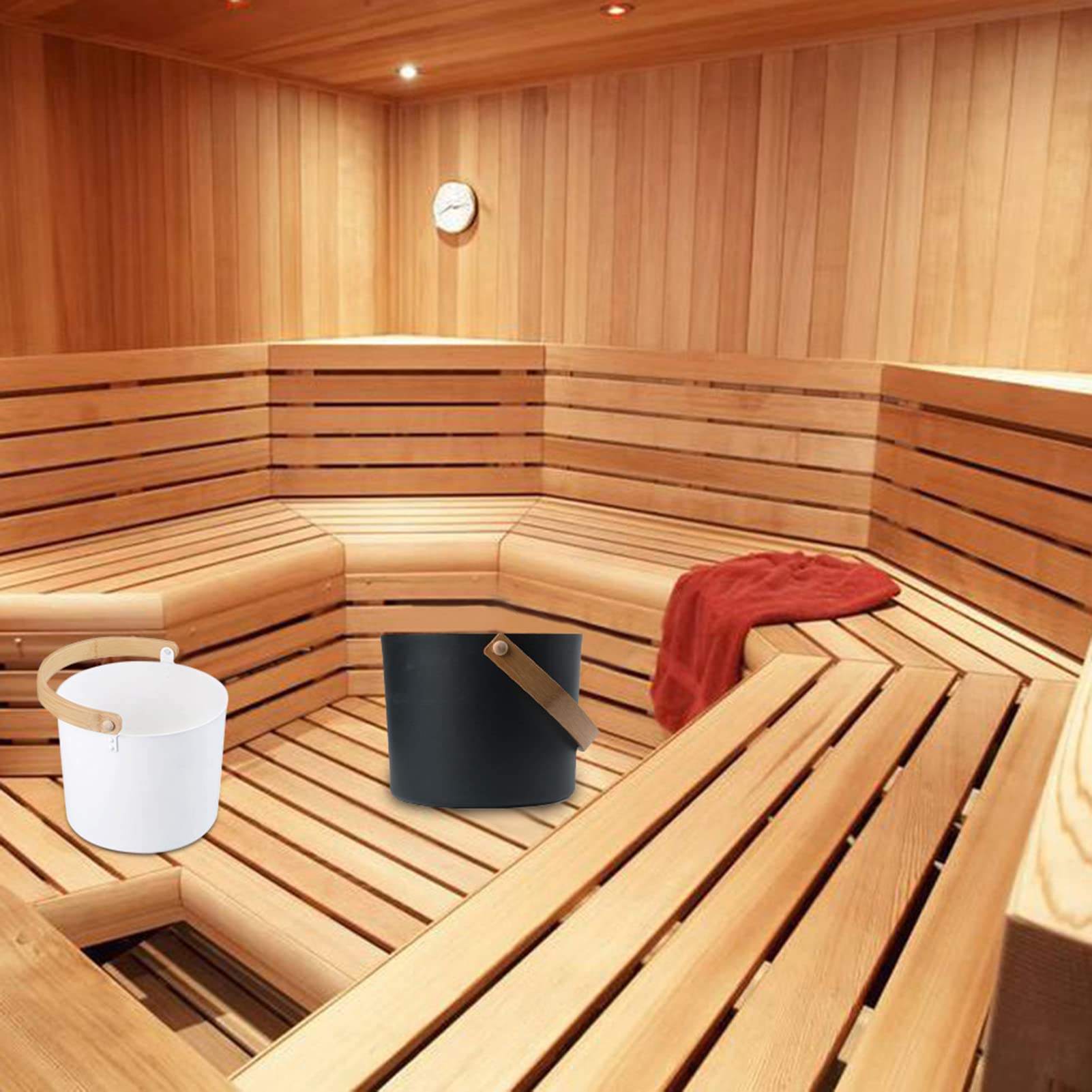 Seau pour Sauna, 7L Seaux Sauna Aluminium Luxe, Accessoires Sauna Kits, Seau en Aluminium Sauna avec Cuillères À Lon Manche Correspondant Au Baril Sauna Louche