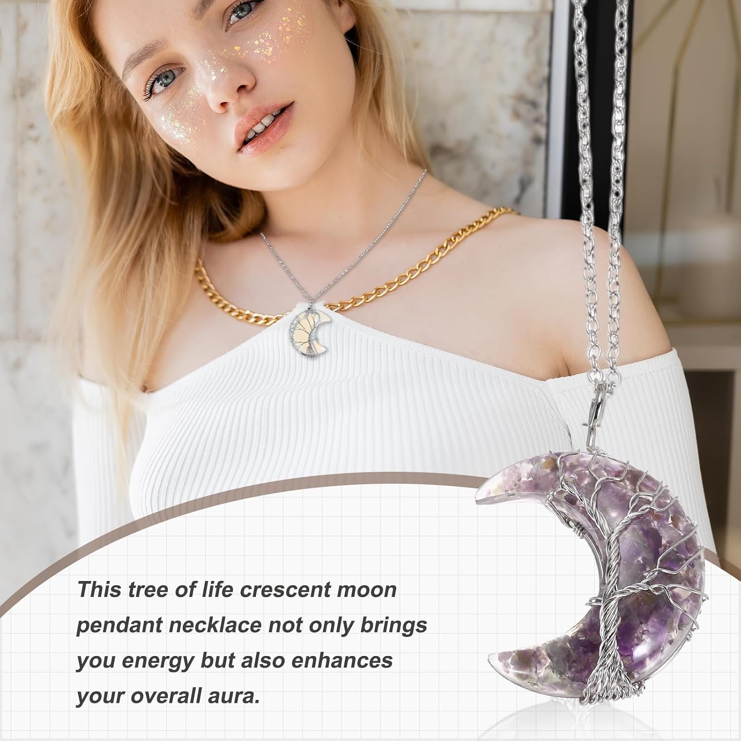 PATIKIL Moon Crystal Necklaces for Women, Tree Life Wire Wrapped Crescent Moon Pendant Necklace with Box