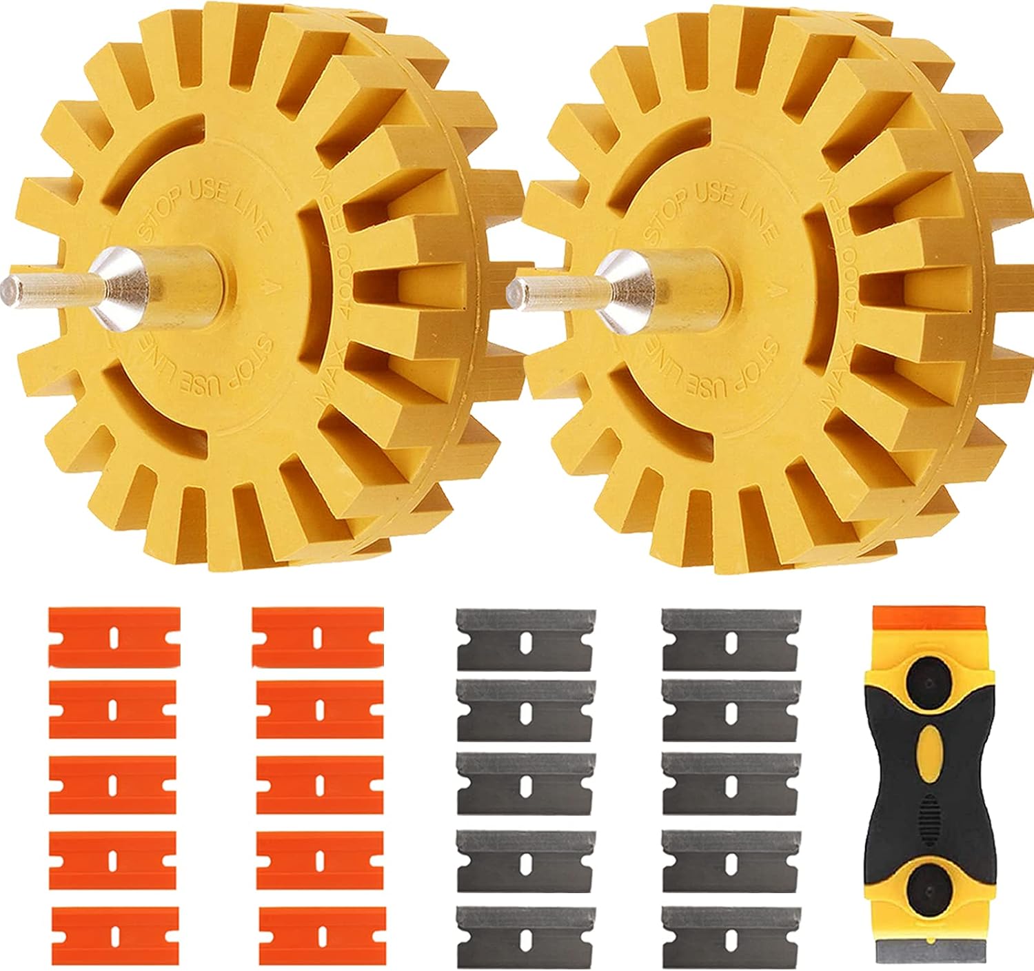 FONSWEA 12Pcs Eraser Wheel Decal Remover, 4 inch Adhesive Sticker and Vinyl Remover with Plastic Razor Blades and Drill Adapter, Rubber Wheel Removal Tool for Cars, Boats, Rvs - - 