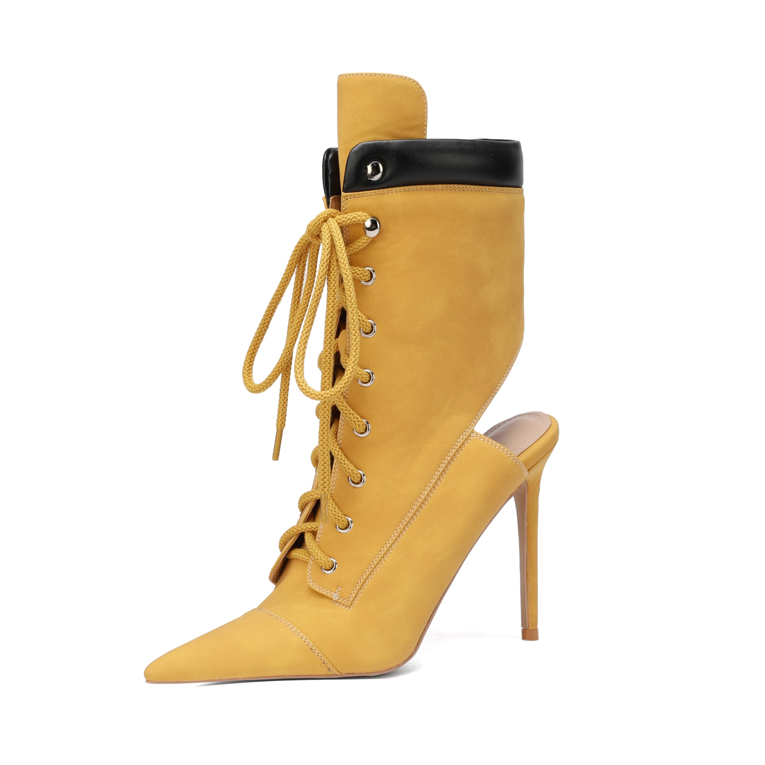 Womens Ankle High Mule Boots Lace Up Pointed Toe 4 7 Inch Stiletto High Heel Deconstructed Fashion Ankle