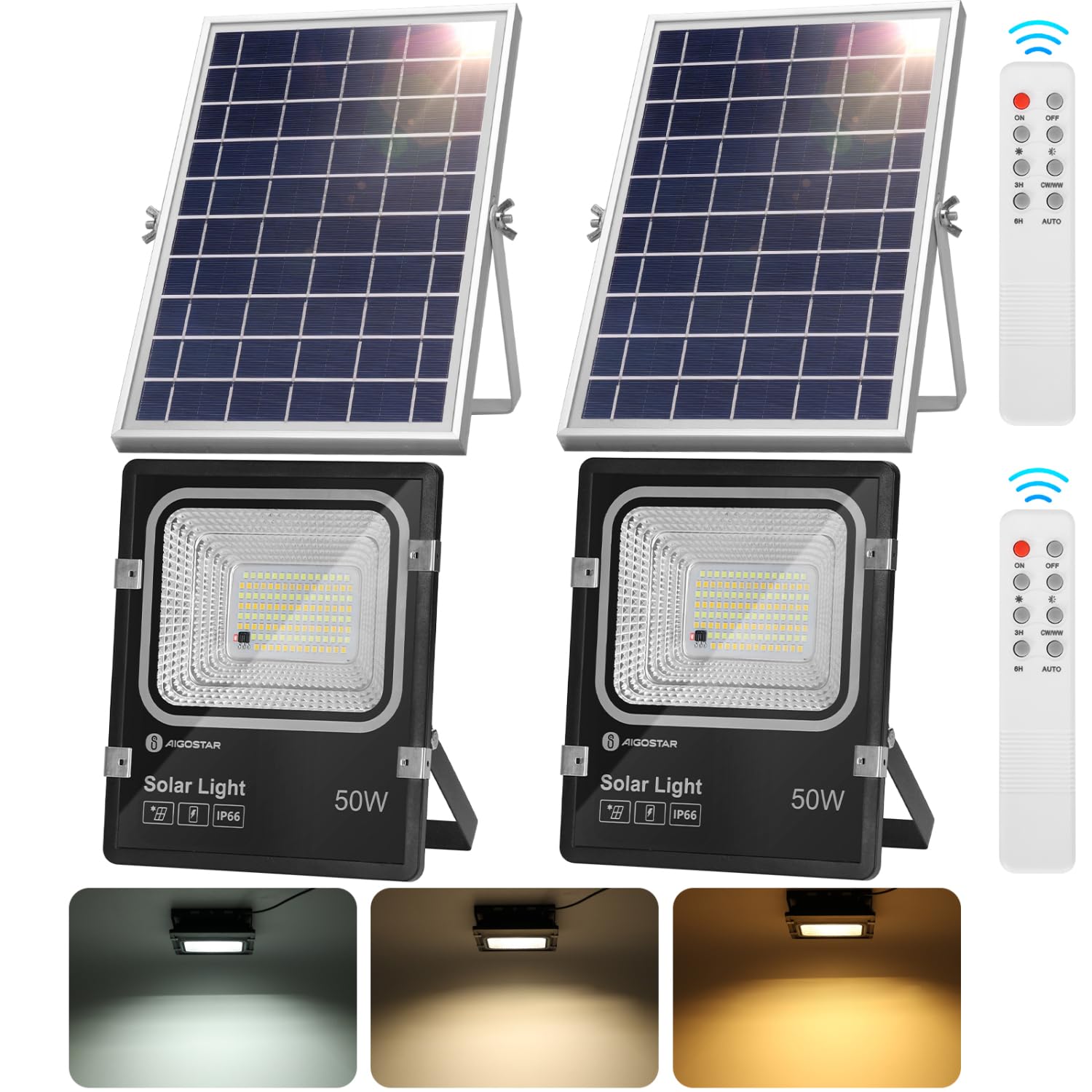 Aigostar - Foco solar exterior con mando a distancia,50W,regulable 3000/4000/6500K.Panel solar y batería de gran capacidad.Cable de 2m.Uso interior/exterior IP66: jardín,patios,garaje,2 piezas