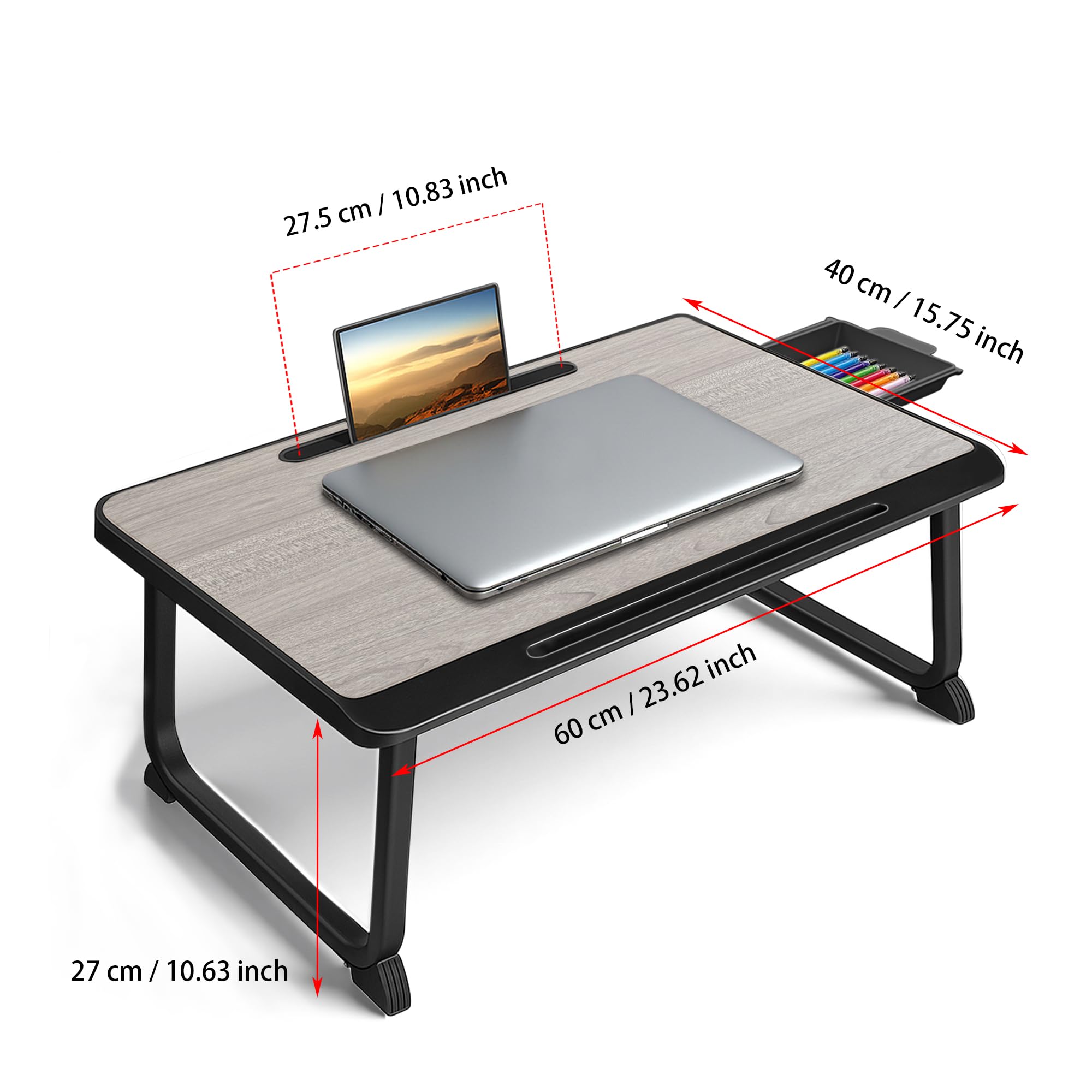 Escritorio de regazo con cajón para laptop, leer, escribir, comer y ver películas, mesa versátil para cama, sofá o suelo