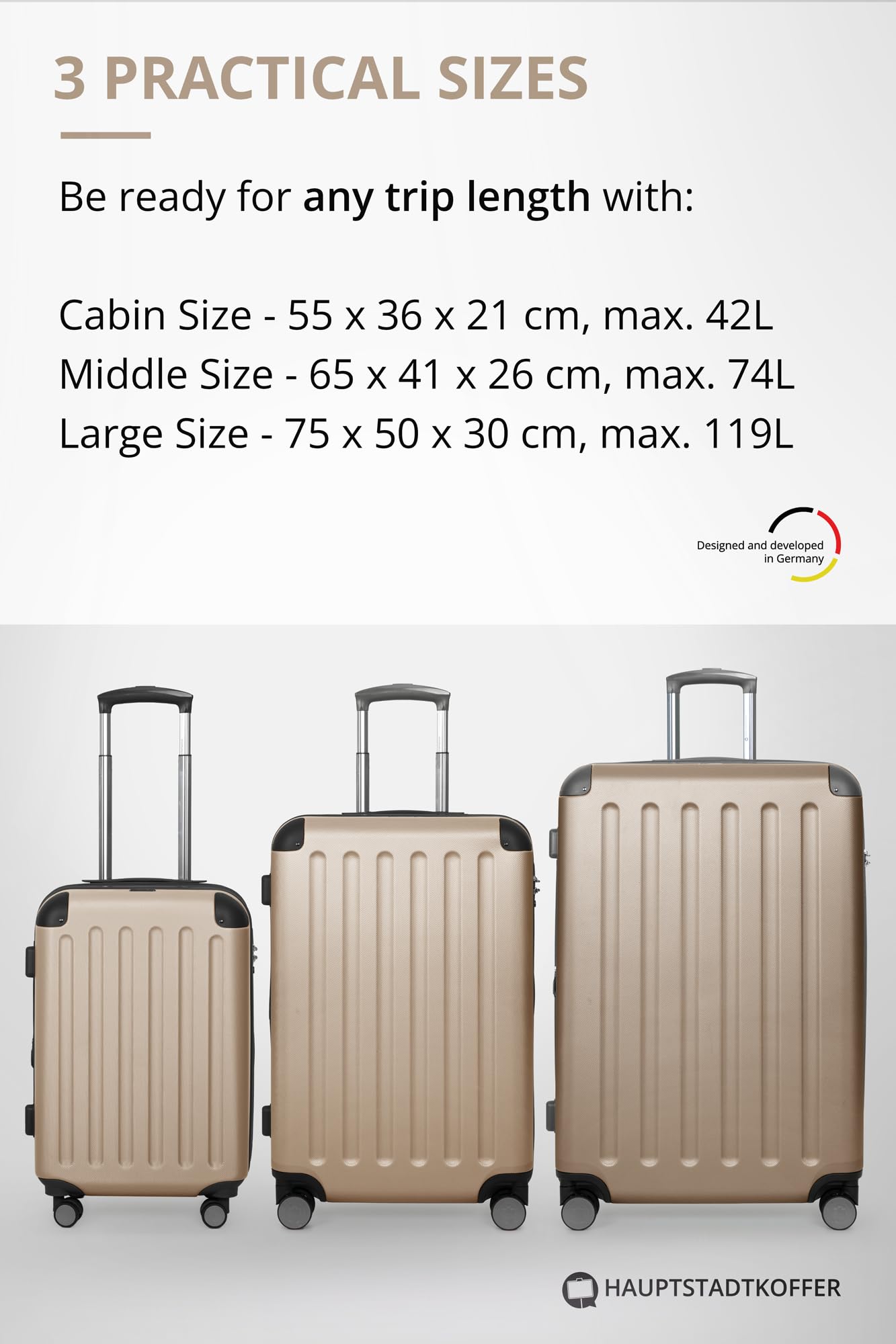 Hauptstadtkoffer - SPREE - Set di 3 valigie, Valigie rigide, Trolley con 4 doppie ruote, Bagaglio da viaggio opaco, Set da viaggio, TSA, (S, M e L), Champagne