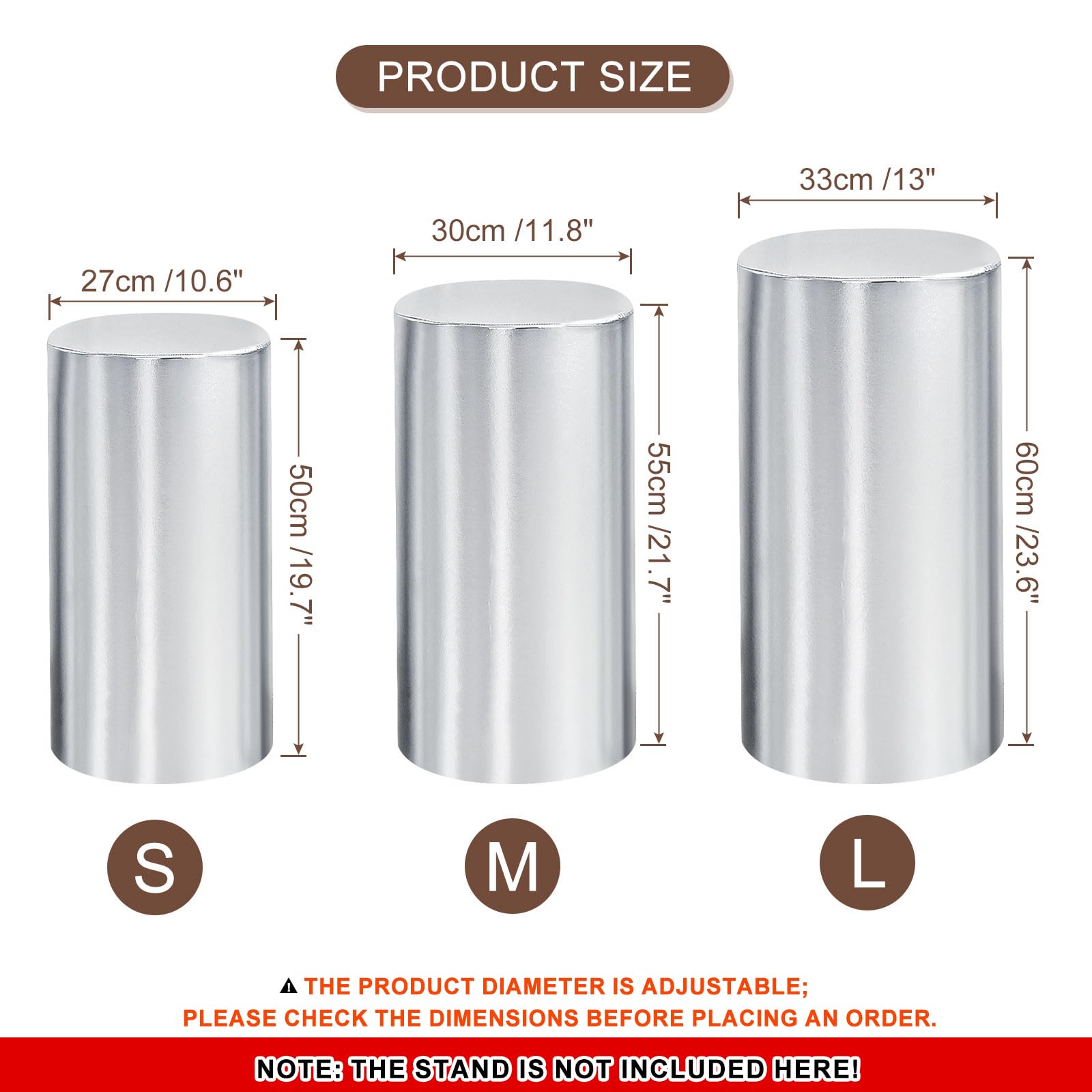 QUARKZMAN Set of 3 Cylindrical Base Covers Silver Tone, Wedding Anniversary Party Decoration, Metallic Fabric Small