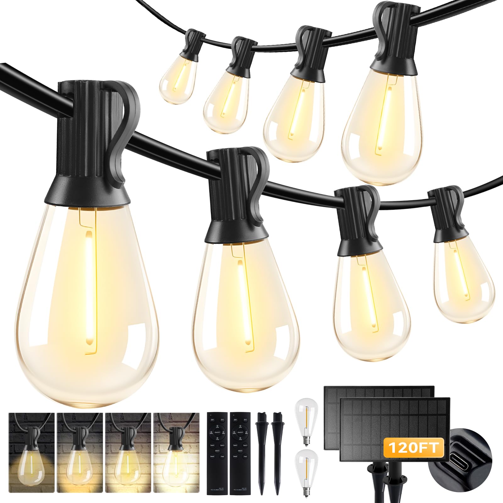 HJQ Guirnalda de luces solares de 120 pies (60 x 2) para exteriores, impermeables, luces solares para patio con control remoto y puerto USB, 20 + 1 bombillas LED inastillables, 3 modos, iluminación