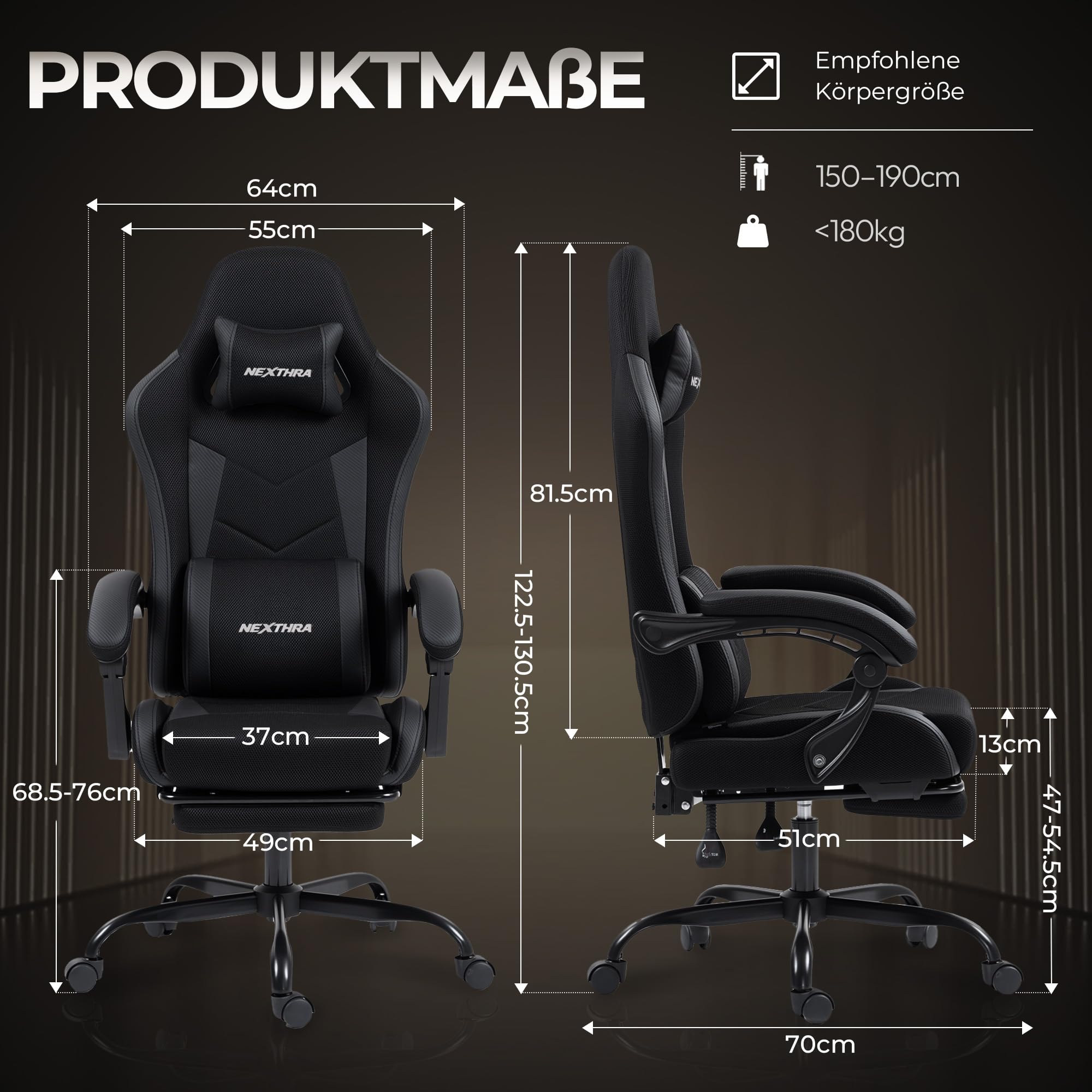 Nexthra Gaming Stuhl Ergonomisch mit Fußstütze, Gepolsterter Gamer Stuhl bis 180 kg, 150° Verstellbare Rückenlehne, Komfortabler Gamingstuhl Bürostuhl für Gaming und Büro, Schwarz