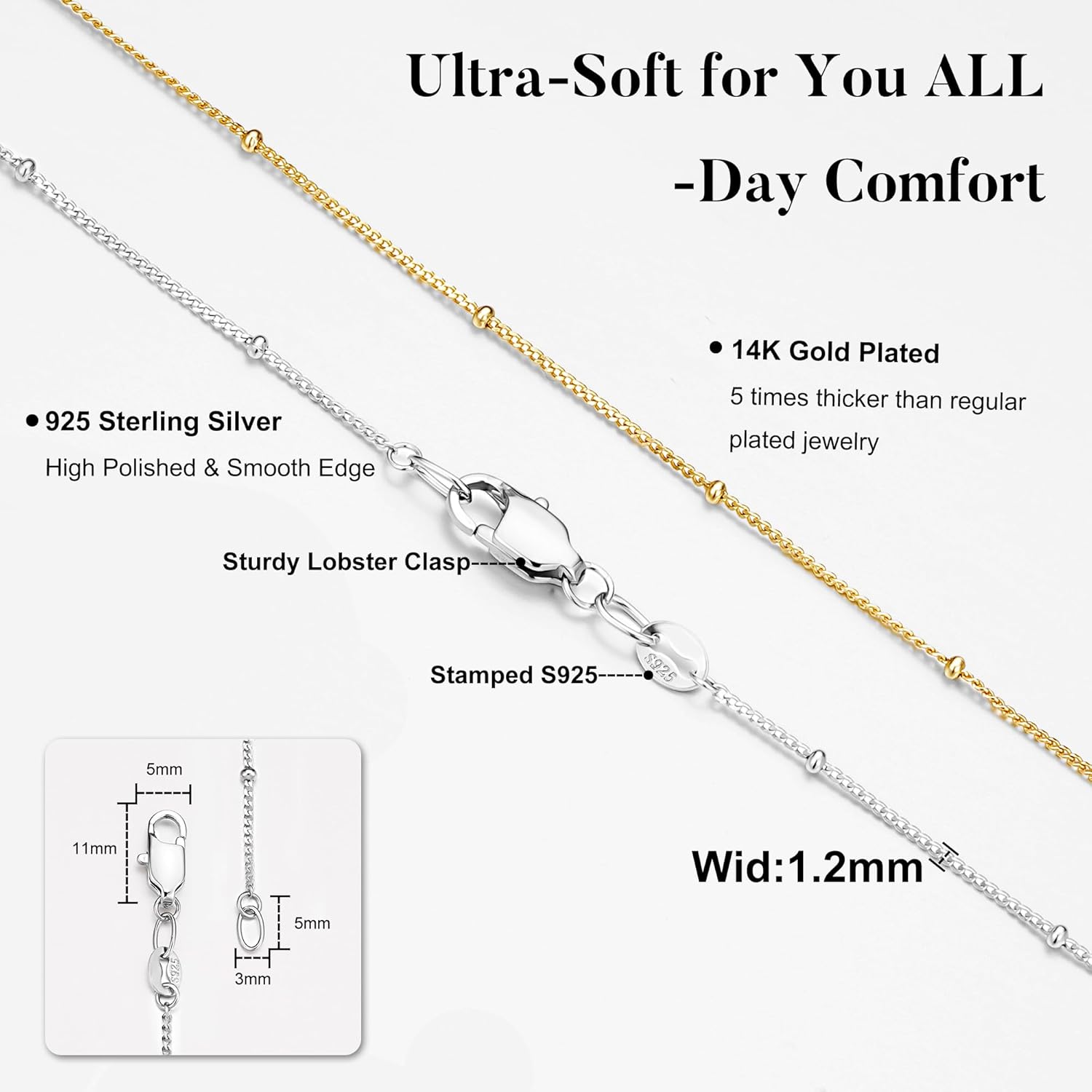 IEFWELL 14K-Real-Gold-Plated S925 Sterling Silver Chain Necklace for Women, 1.2/0.8mm Satellite Bead Cable Box Chains Set Hypoallergenic Sturdy Women's Chain Necklace, 16/18/20/22 Inch Jewelry Gifts - Image 3