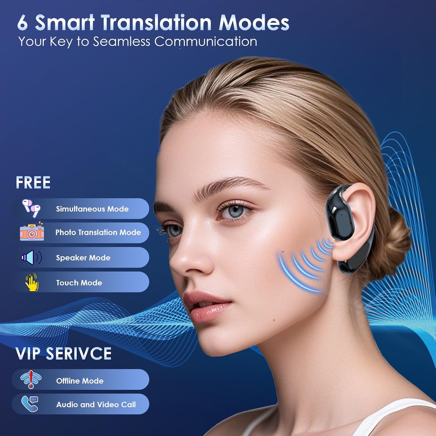 Woman wearing Olycism AI Translator Earbud, illustrating 6 smart translation modes