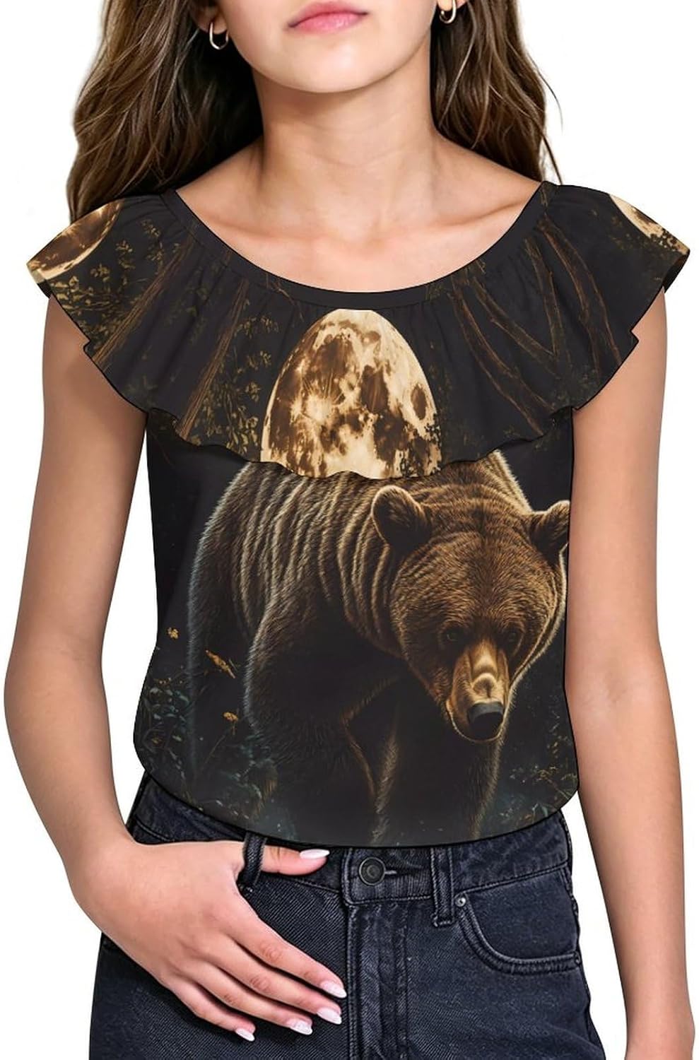 Bear Walking Through Forests Girls T-Shirts Top Ruffle Short Sleeve Blouse Casual Graphic Tees