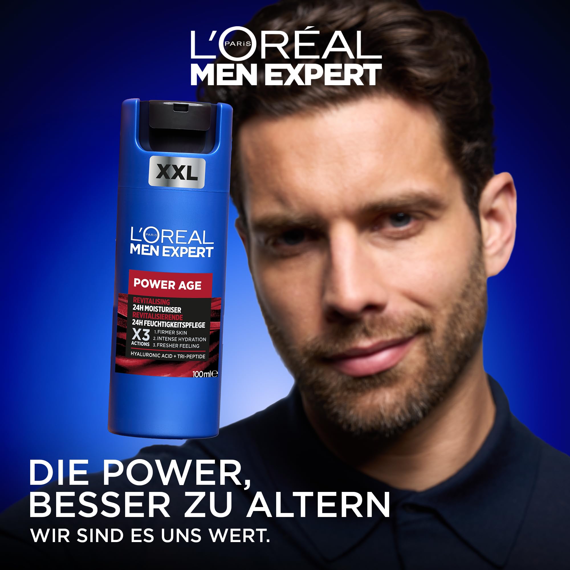 L'Oréal Men Expert Gesichtscreme gegen Falten für Männer, Anti-Aging Feuchtigkeitspflege für müde und matte Haut, Gel-Creme für Herren mit Hyaluronsäure und Tri-Peptide, Power Age, 100 ml Soin Visage XXL 100 ml (1er Pack)