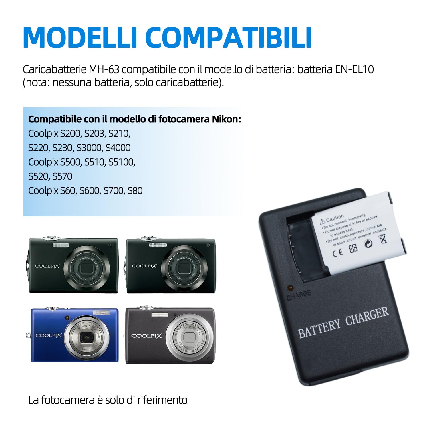 MH63 MH-63 Caricabatterie Rapido Compatibile con Batteria Nikon ENEL10 EN-EL10 e Coolpix S60, S80, S200, S210, S220, S230, S500, S510, S520, S570, S600, S700, S300, S40, S4000, S3000, S400, S40