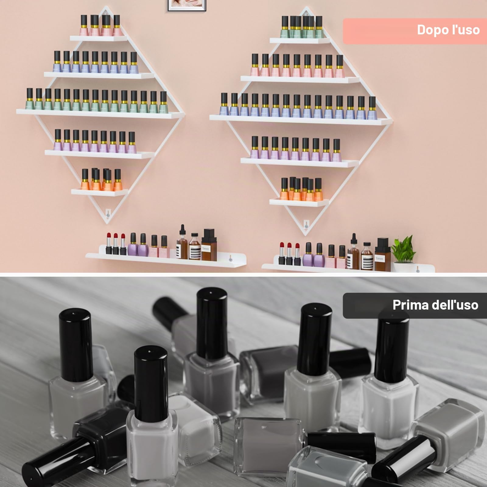 Set di 2 ripiani per smalto per unghie in metallo a forma di diamante, organizer per smalto per unghie con 5 livelli, supporto da parete per smalto per unghie, oli essenziali, rossetto
