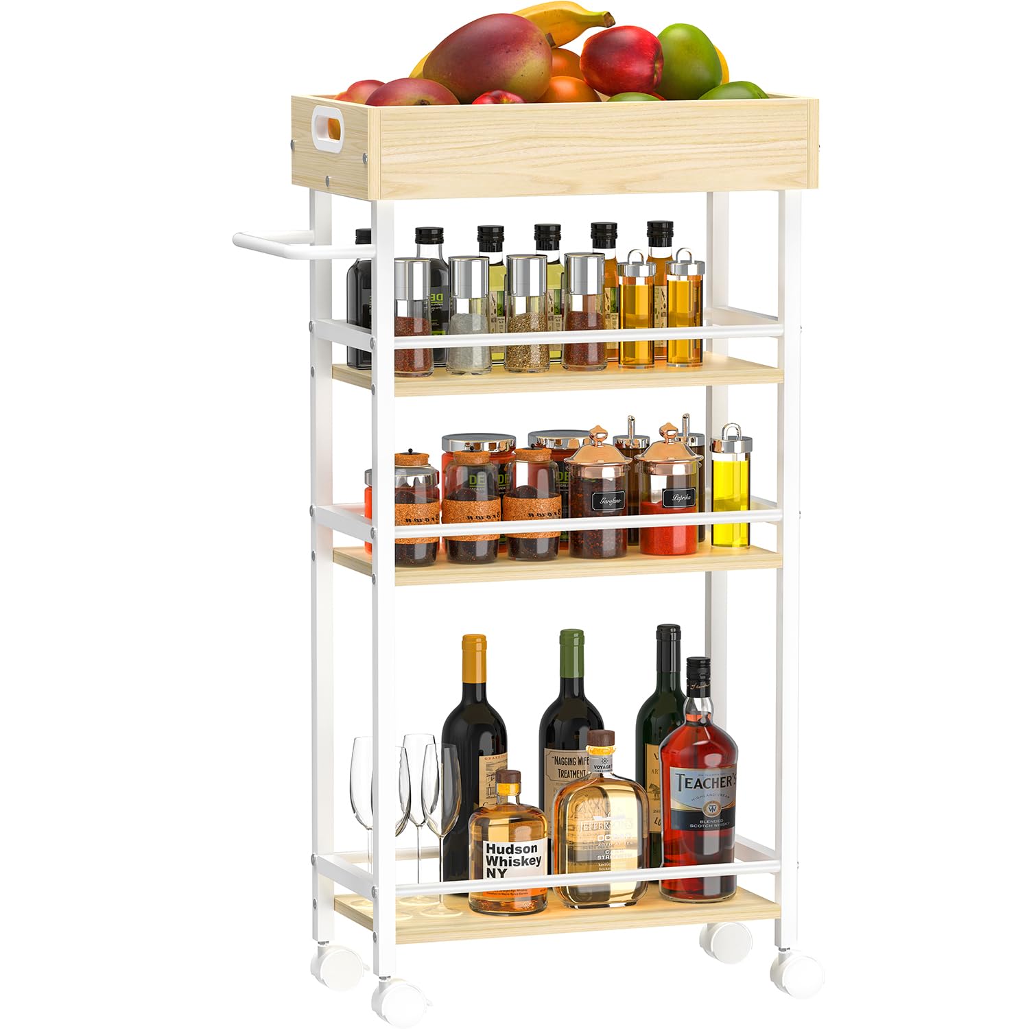 Slim Storage Cart, 4 Tier Rolling Cart with Handle, Kitchen Cart on Wheels, Metal Frame Narrow Cart for Small Spaces for Dining Room, Bathroom, Laundry Room, Office White