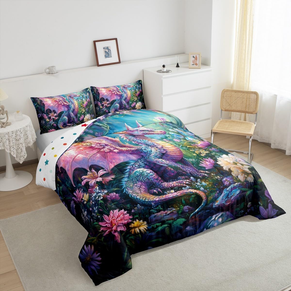 Exotic Dragon Twin Bedding Set for Kids,Watercolor Jungle Adventure Comforter Set Bed Set Boys Bedroom Decor,Rustic Flowers Leaves 2 Pieces Quilt Set,Mystery Magic Crystal Duvet Insert,1 Pillow Case