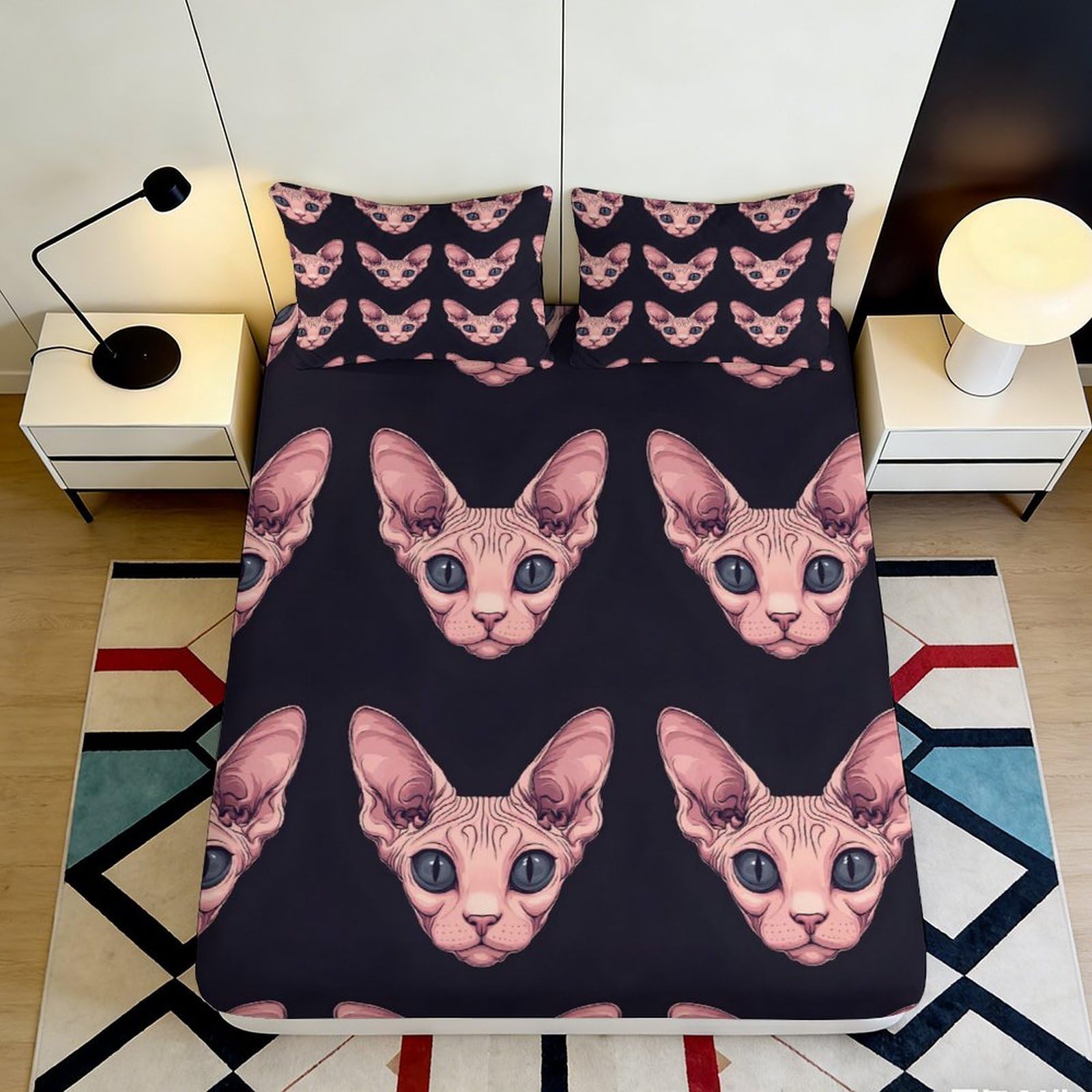 3D Printed Sphynx Cat Fitted Sheet Microfiber Soft Black Artistic Cat Head Bed Cover for Bedroom Dorm Mattress Decor 90x200x25cm