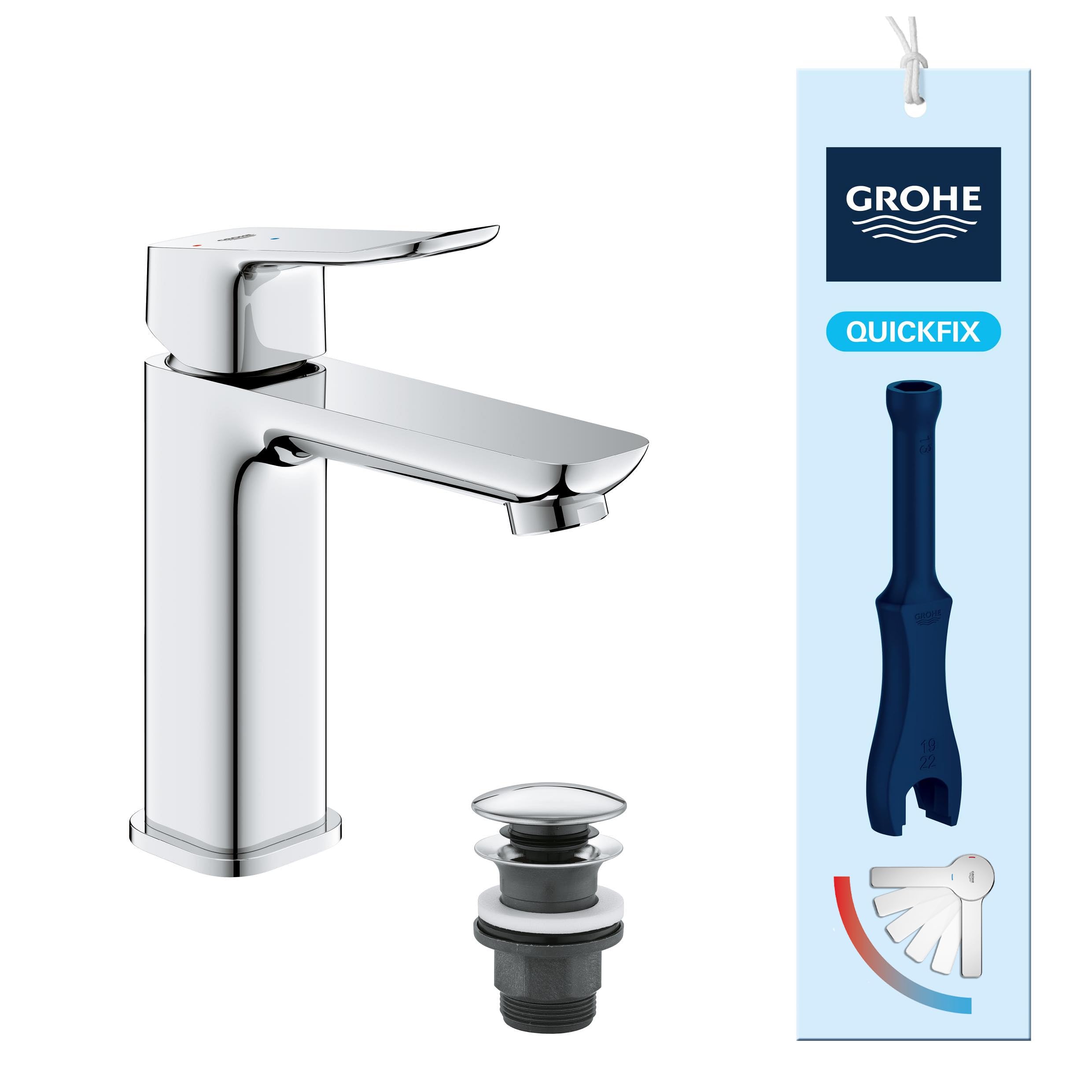 GROHE Dice, energiesparende Waschtischarmatur, Kaltwasser in Mittelstellung (Wasserhahn für das Bad, 17cm hoch, mit Push-Open Ablauf, inkl. 3in1 Werkzeug, einfache Installation), chrom, 1018360000