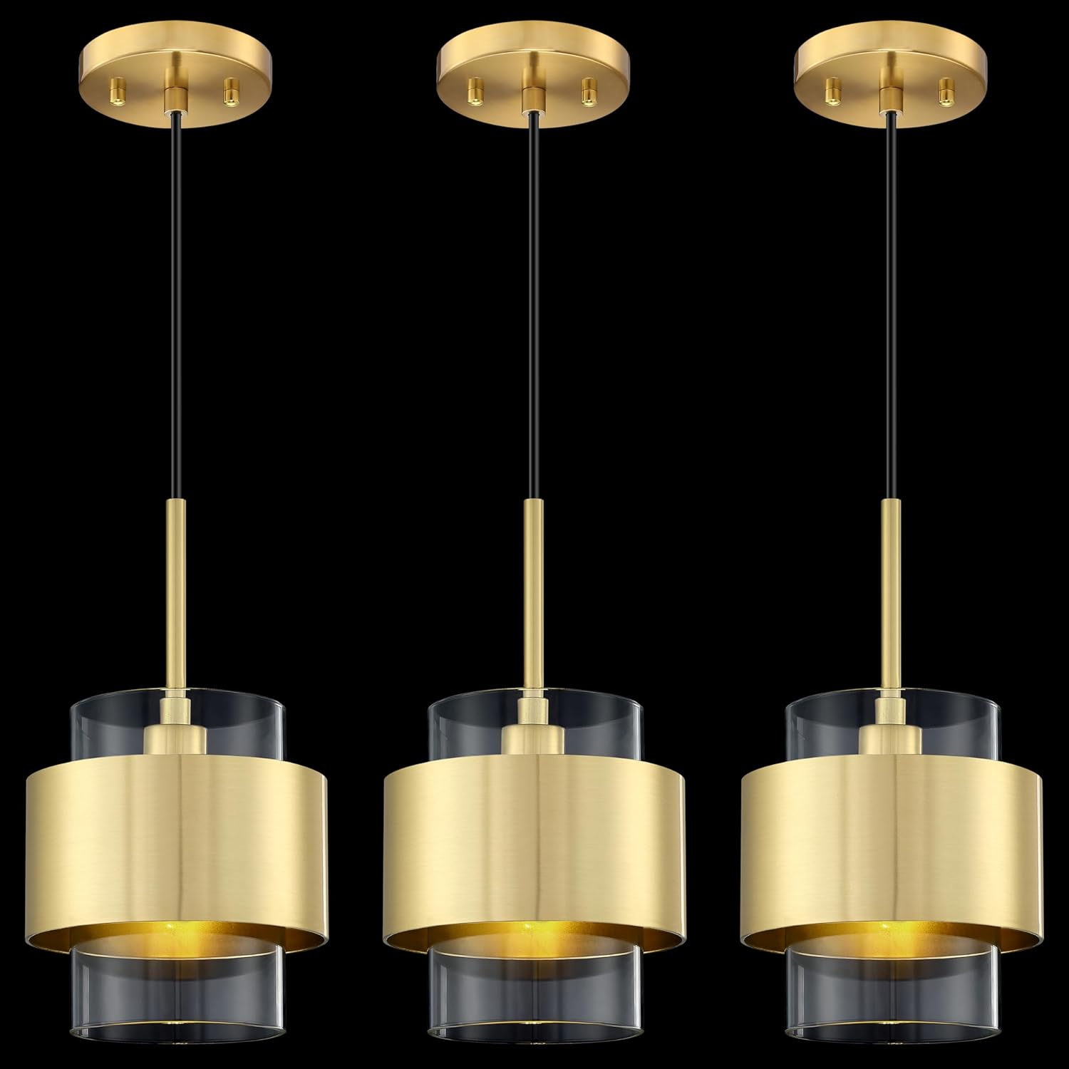 Leading Lighting 3 Pack 1 Light Hanging Indoor Kitchen Island Rod Pendant Ceiling Light Fixture,5.5" Drum Clear Glass Chandelier Shade Brushed Bronze Finish Modern Farmhouse Dinning Over Sink