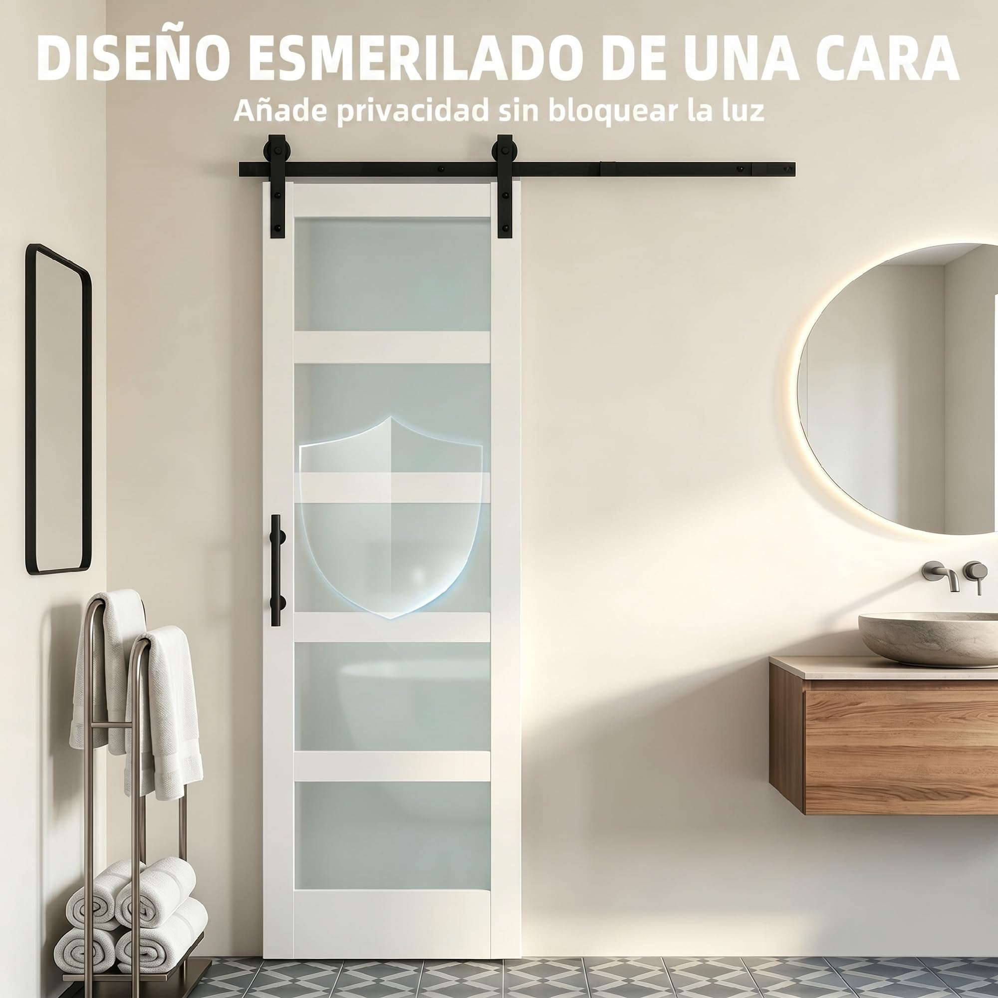 HOMCOM Puerta Corredera con Herrajes 71x213 cm Interior para Baño Blanco | MDF y Vidrio Esmerilado, Rodillo, Riel, Guía de Suelo, para Salón, Sala de Estar