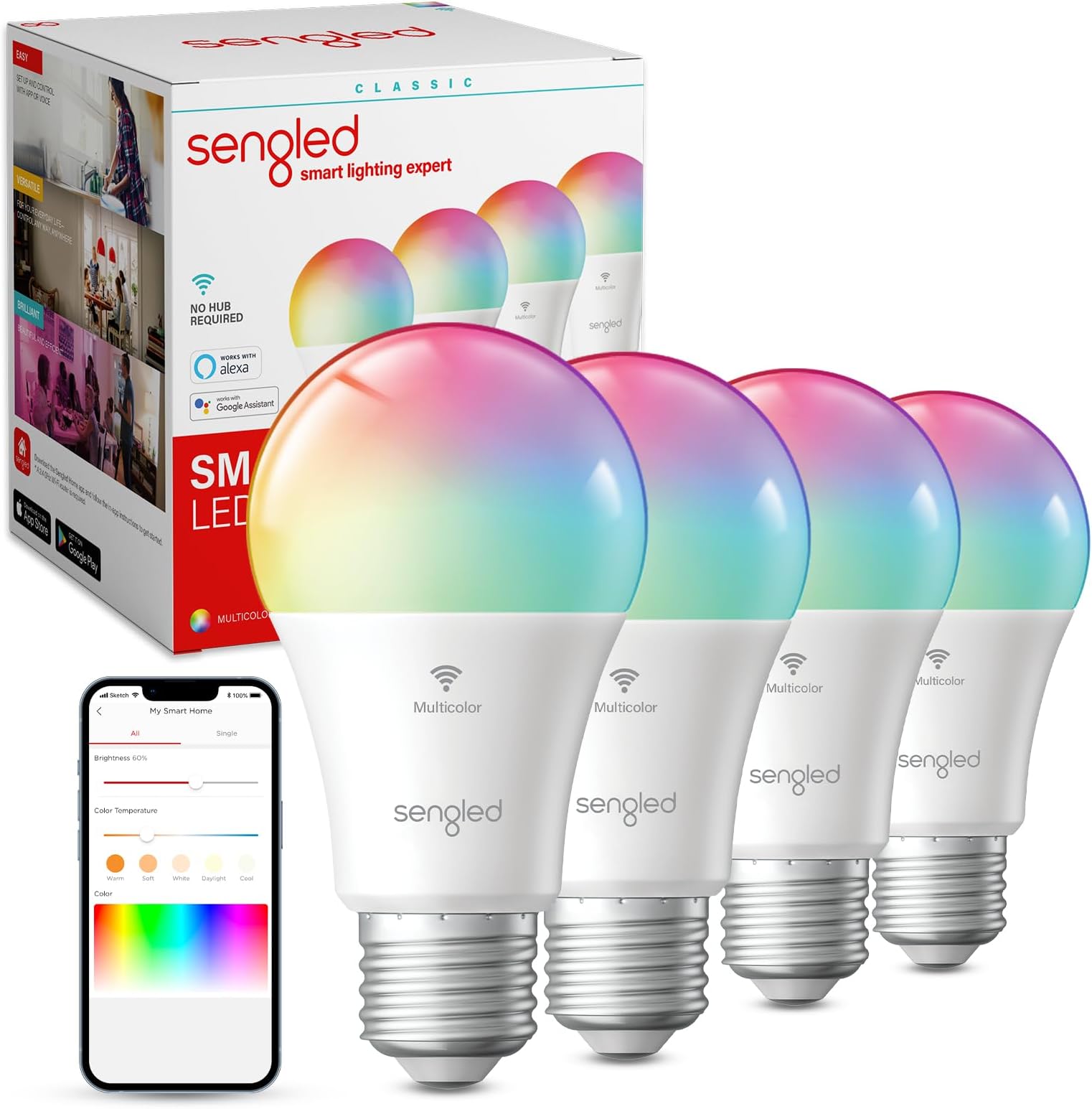 Sengled Smart Bulb, WiFi Light Bulbs, Color Changing Light Bulb, Smart Light Bulbs that Work with Alexa & Google Assistant, A19 RGB Alexa Light Bulb No Hub Required, 60W Equivalent 800LM CRI>90, 4Pack