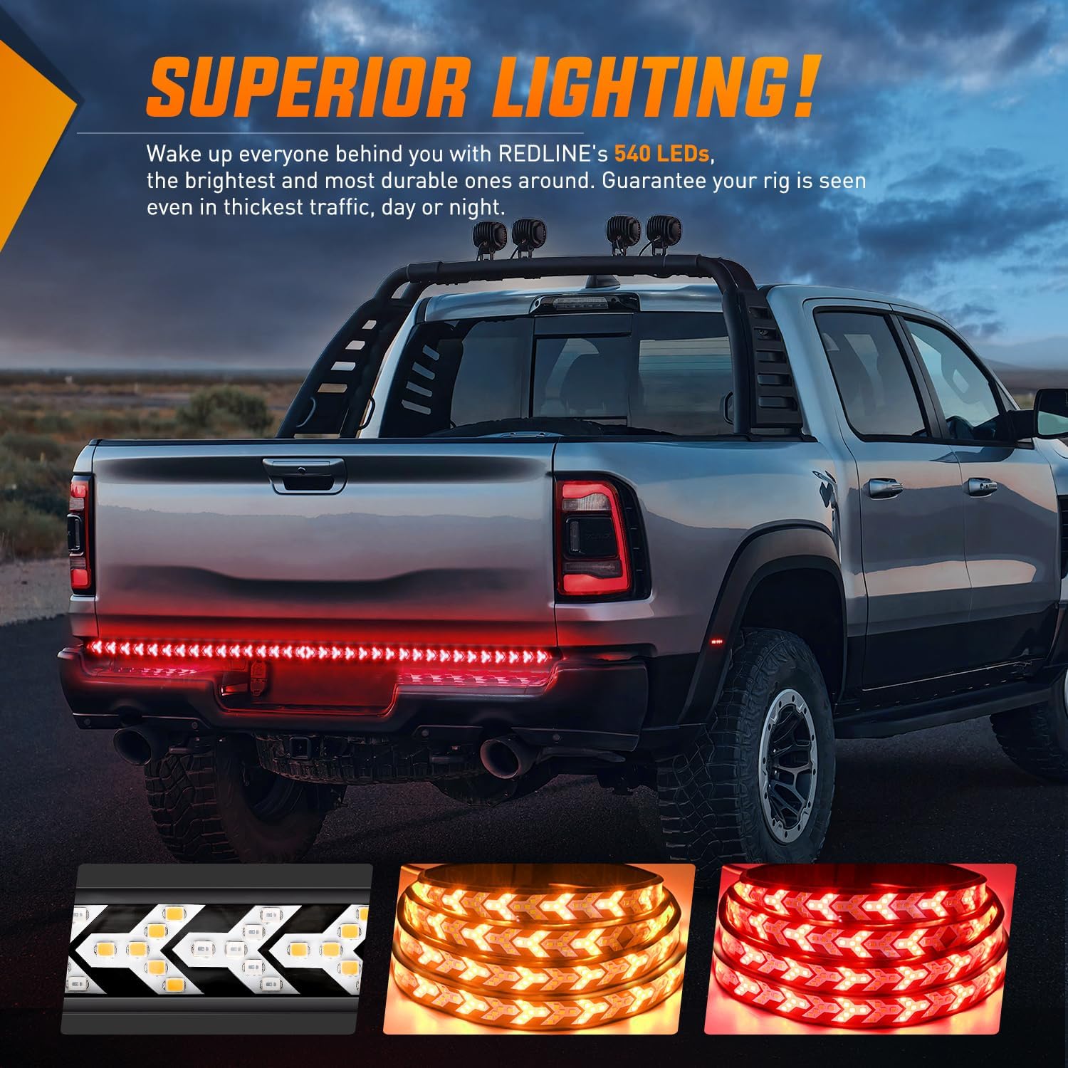 Nilight Truck Tailgate Light Strip 60Inch Arrow 540 LED with Red Running Brake Lights Amber Turn Signals Strobe Lights